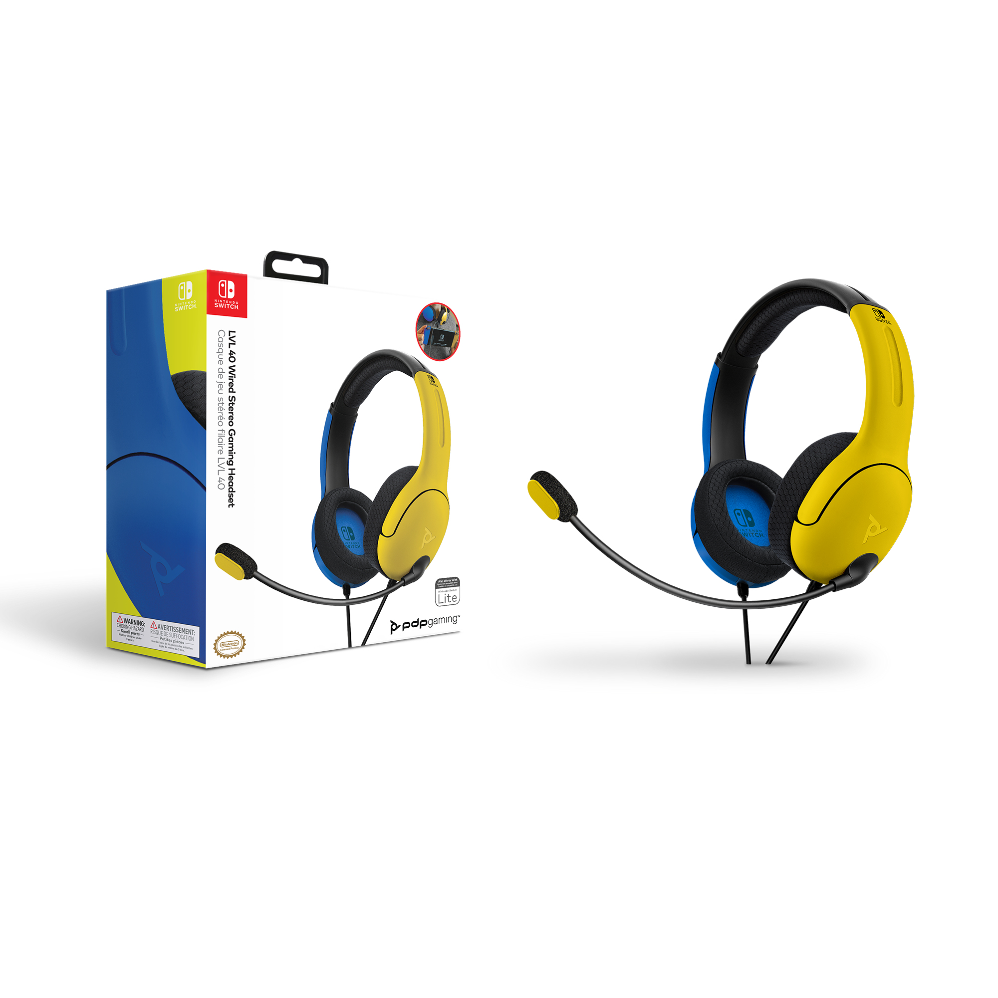 Gelb-blaues PDP-Gaming-Headset und -Box.