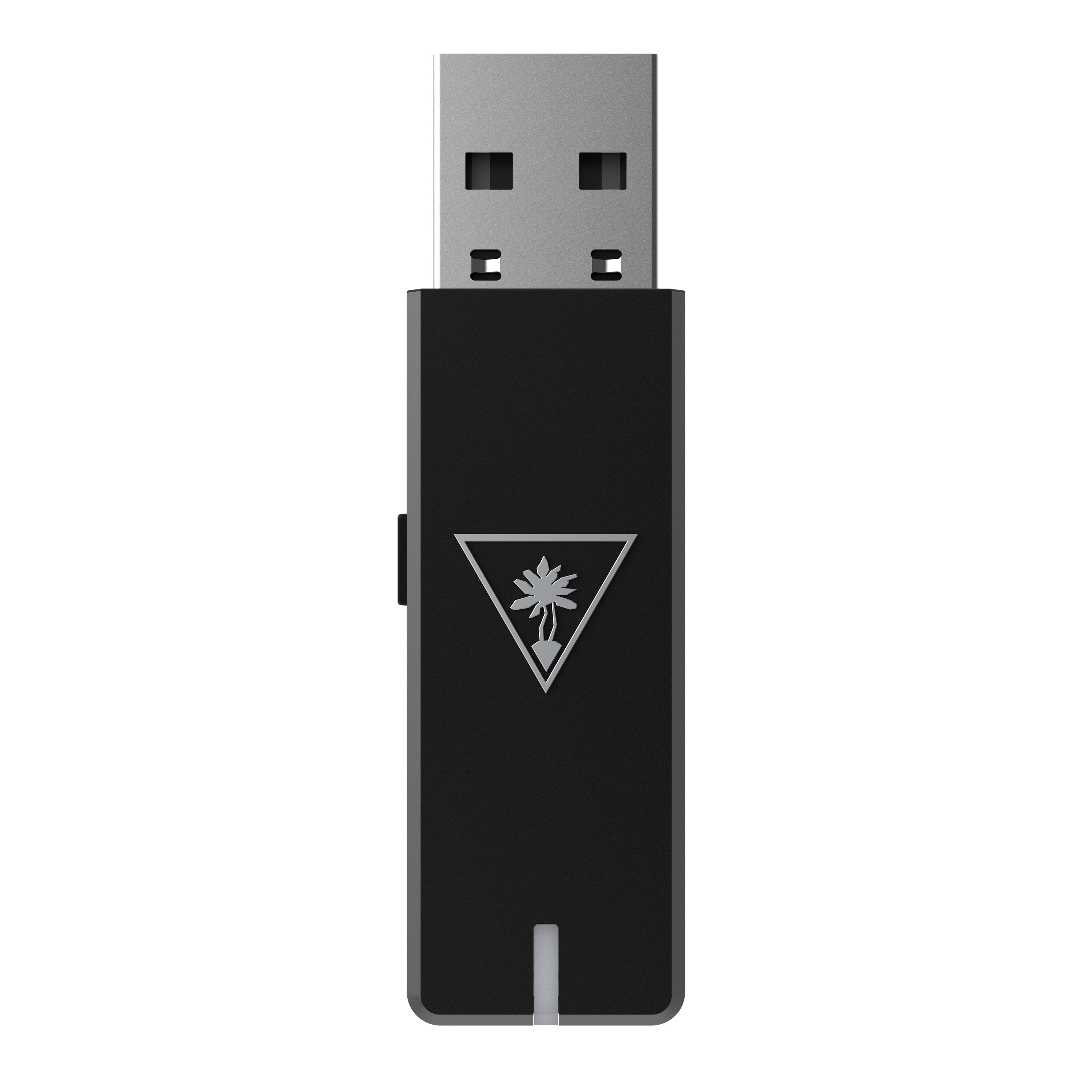 Czarny klucz USB z białym logo i małym przyciskiem. Jest to produkt Turtle Beach.