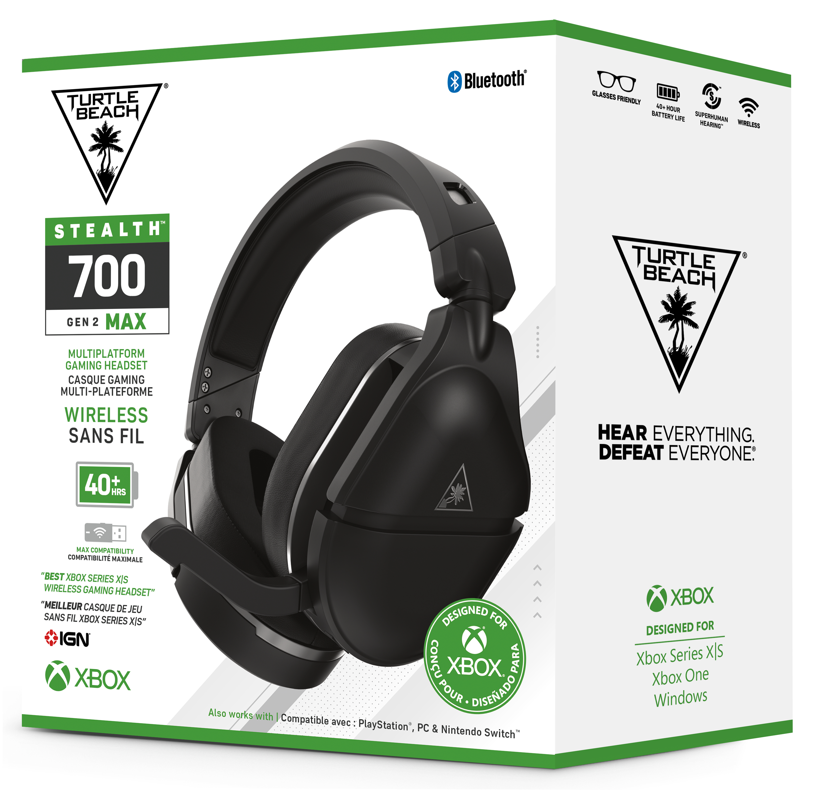 Caja de auriculares gaming en blanco y negro. Tiene una imagen del auricular y texto.
