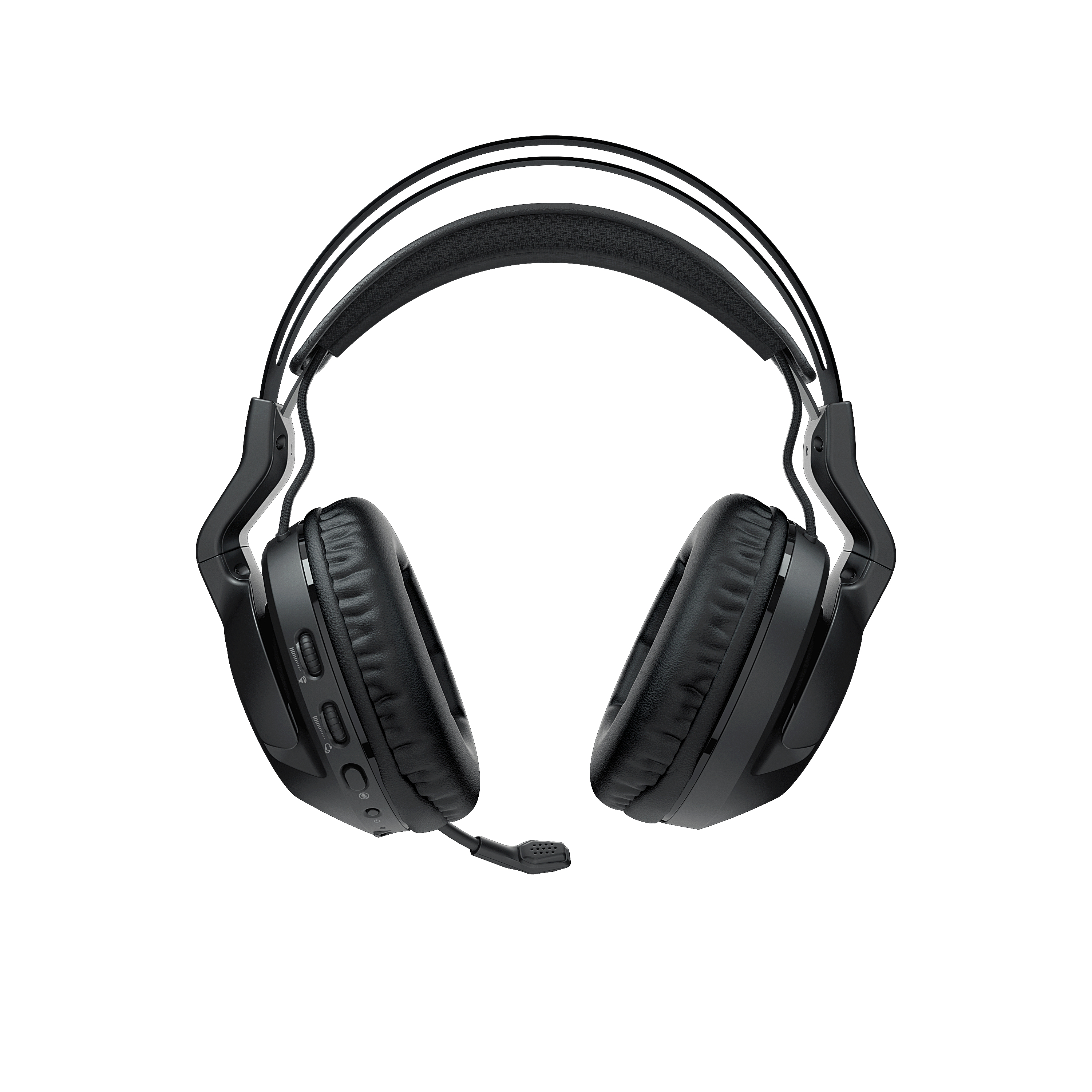 Cuffie da gaming nere. Padiglioni, microfono e archetto visibili. Isolato su sfondo bianco.