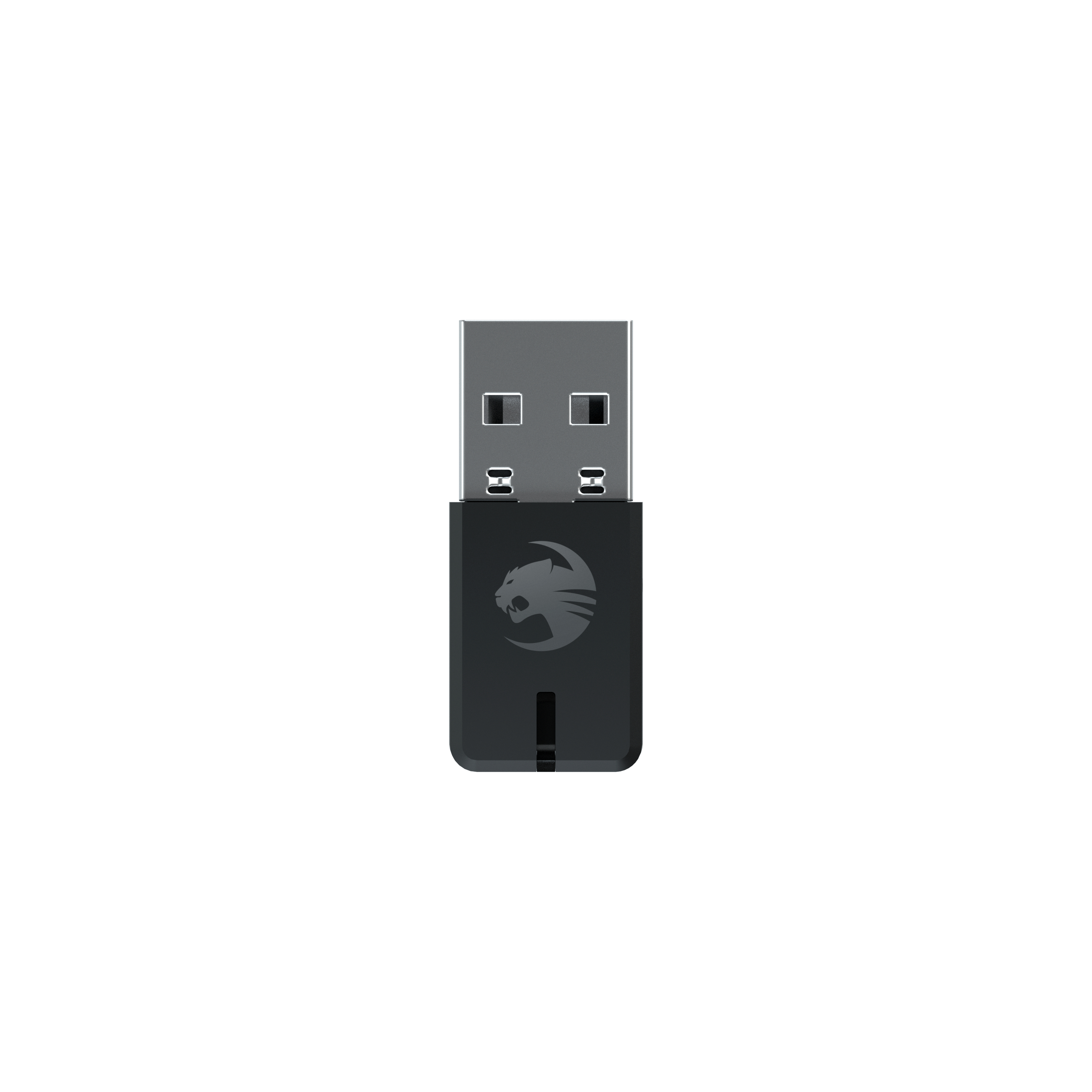 Un dongle USB nero con un logo nero. Ha un connettore USB e un logo.