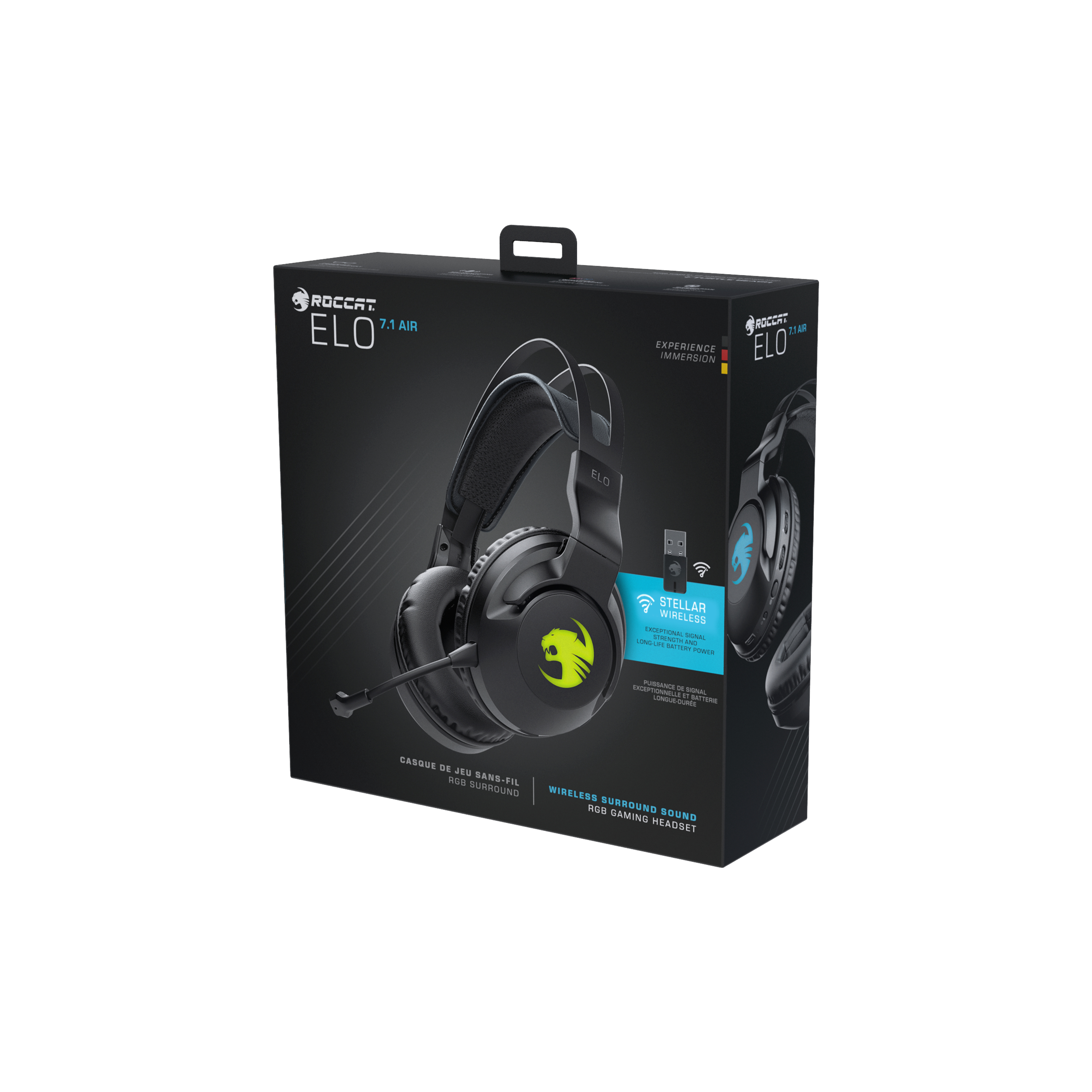 Una scatola nera per cuffie ROCCAT Elo 7.1 Air. Mostra le cuffie, le funzioni e il logo del marchio.