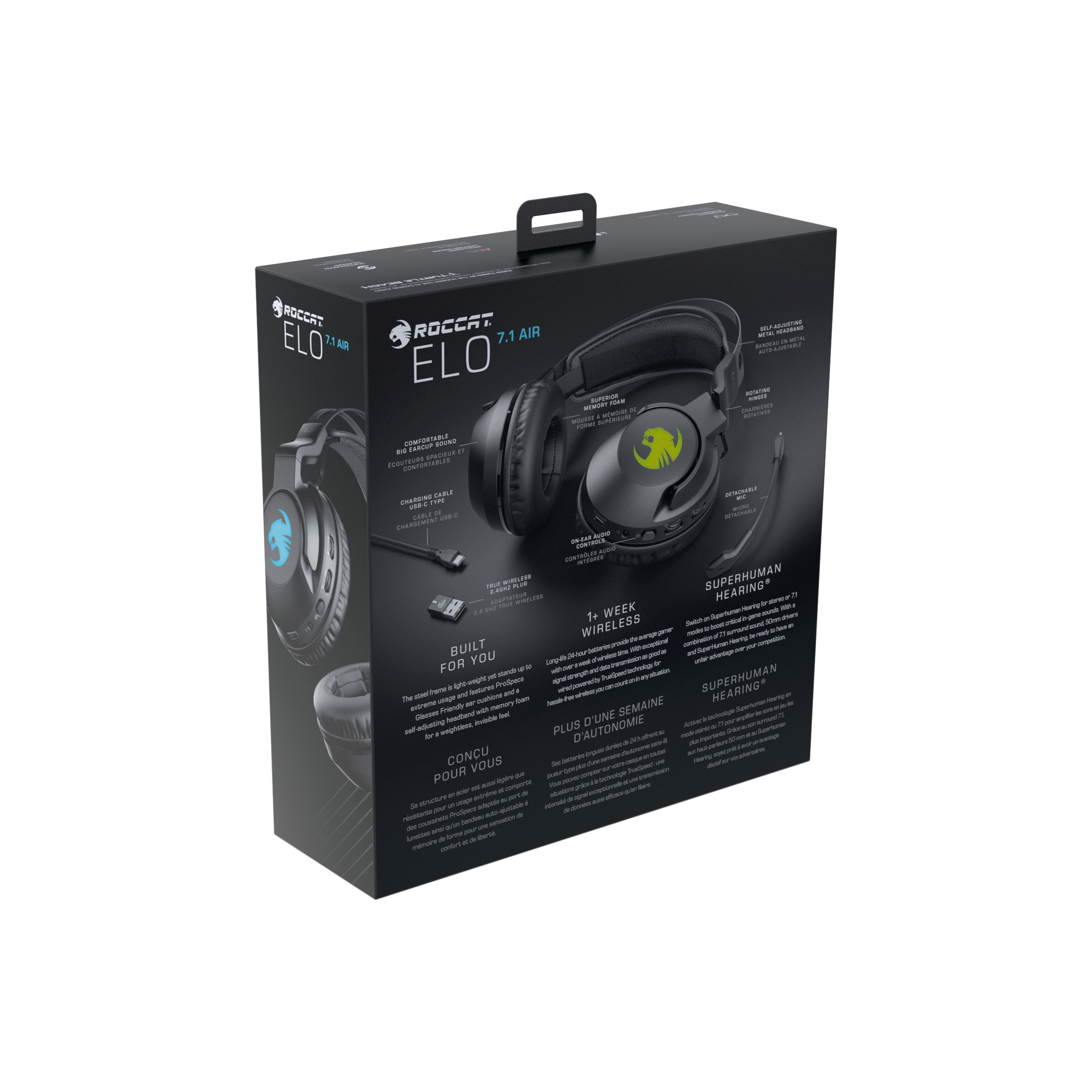 Una scatola bianca e nera con cuffie. La scatola ha testo e immagini delle cuffie.