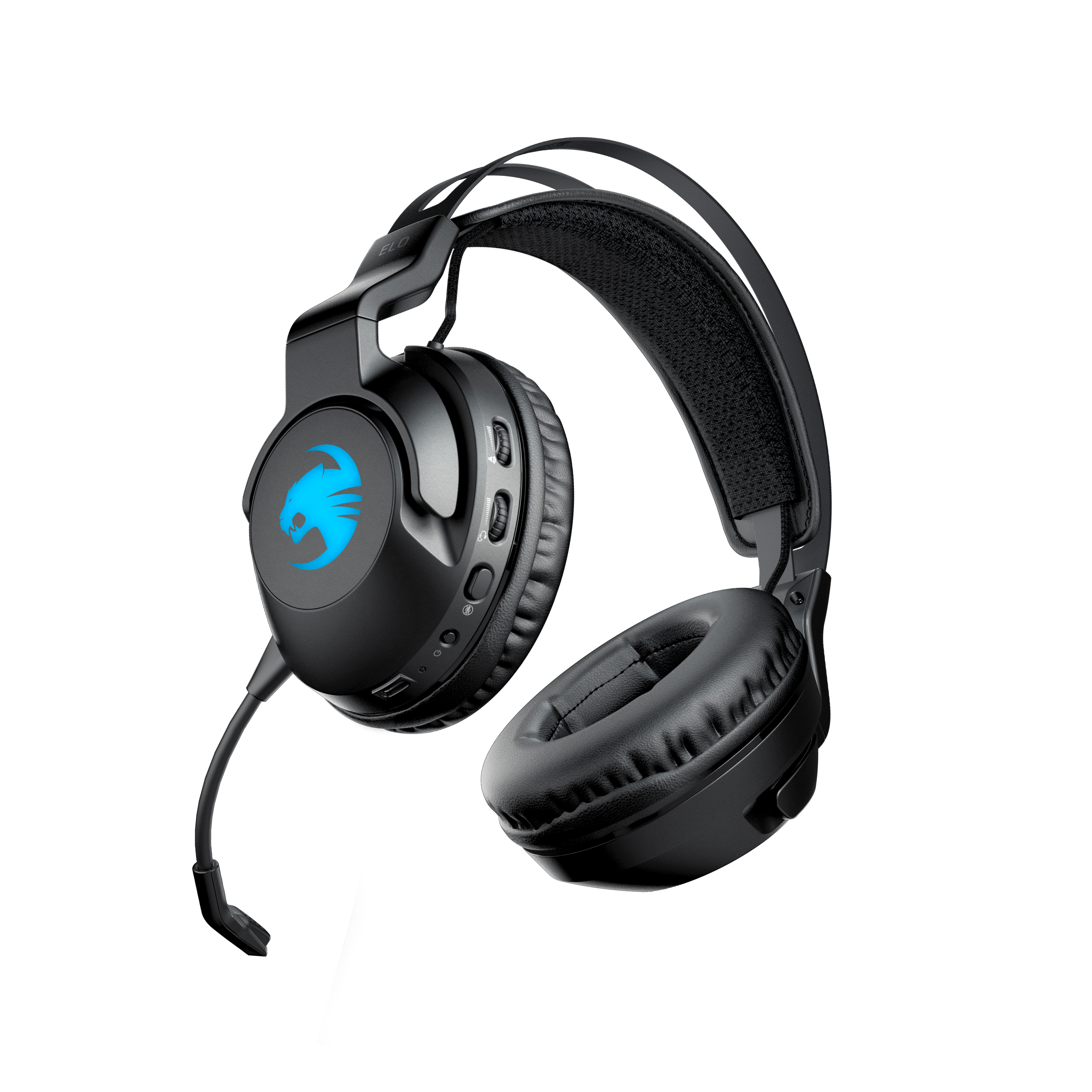 Cuffie da gioco nere con logo blu, microfono e fascia regolabile su sfondo bianco.