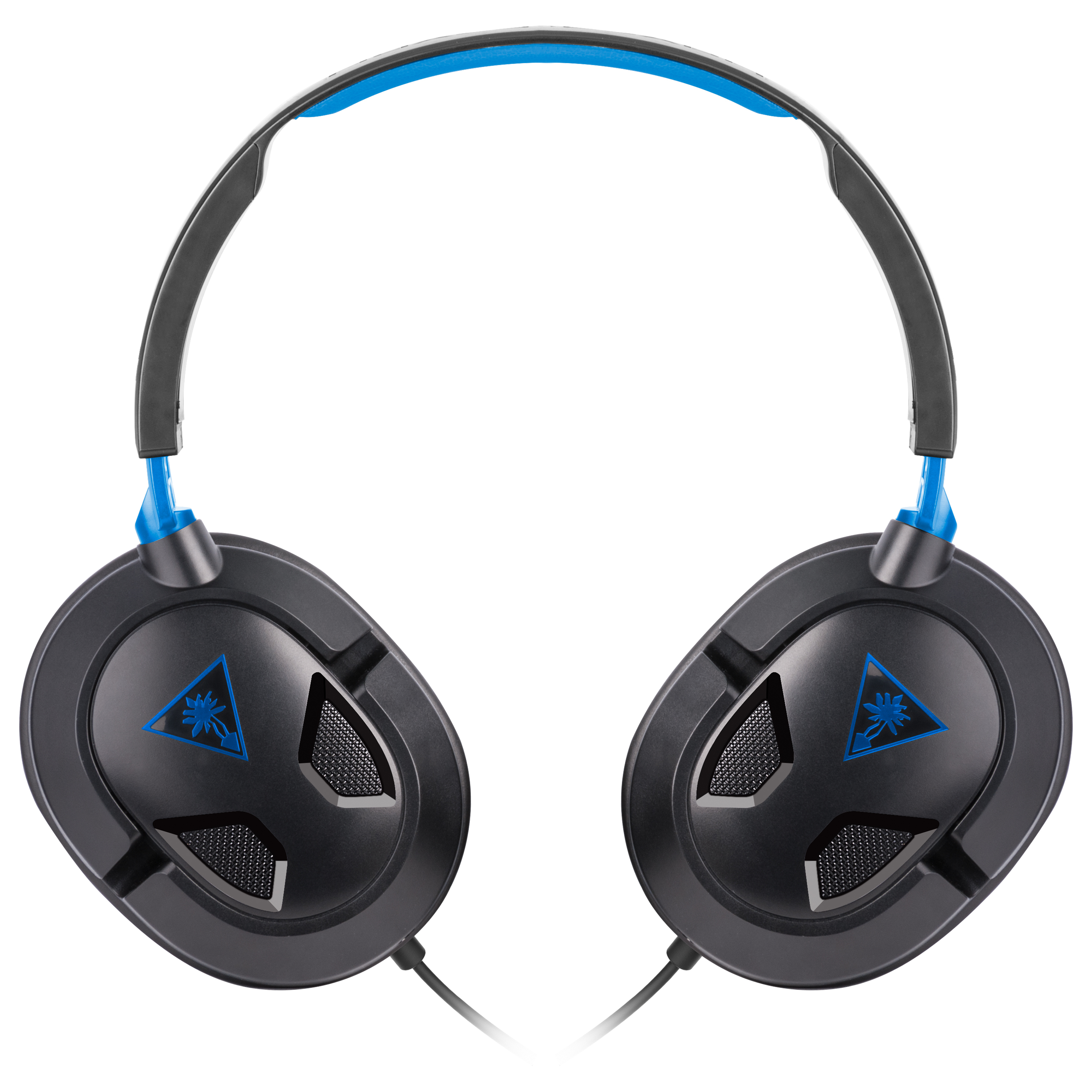 Czarno-niebieski zestaw słuchawkowy dla graczy z logo w każdej słuchawce.