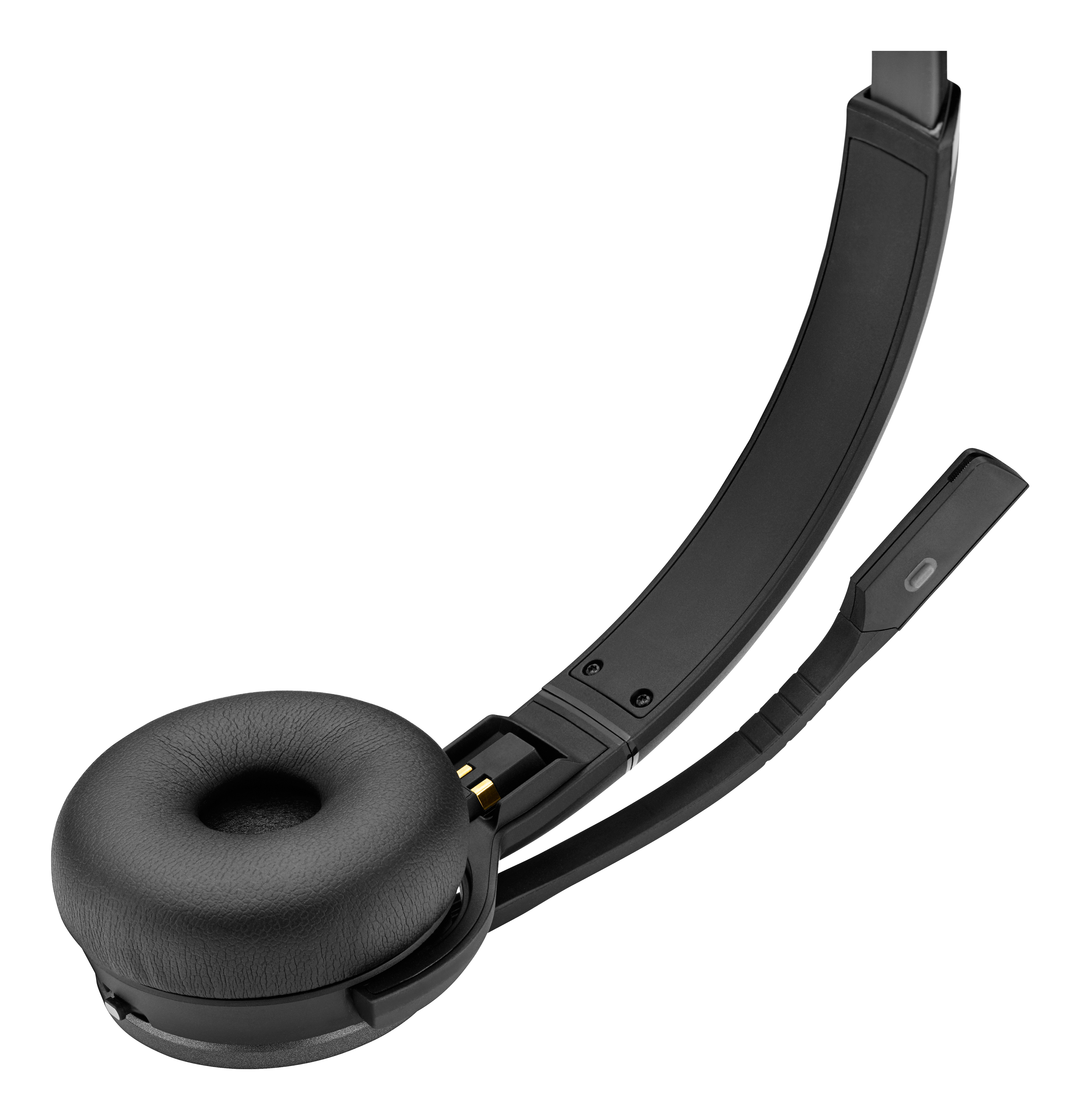 Ein schwarzes Headset mit Mikrofon, der Kopfbügel und das Mikrofon erstrecken sich nach rechts.