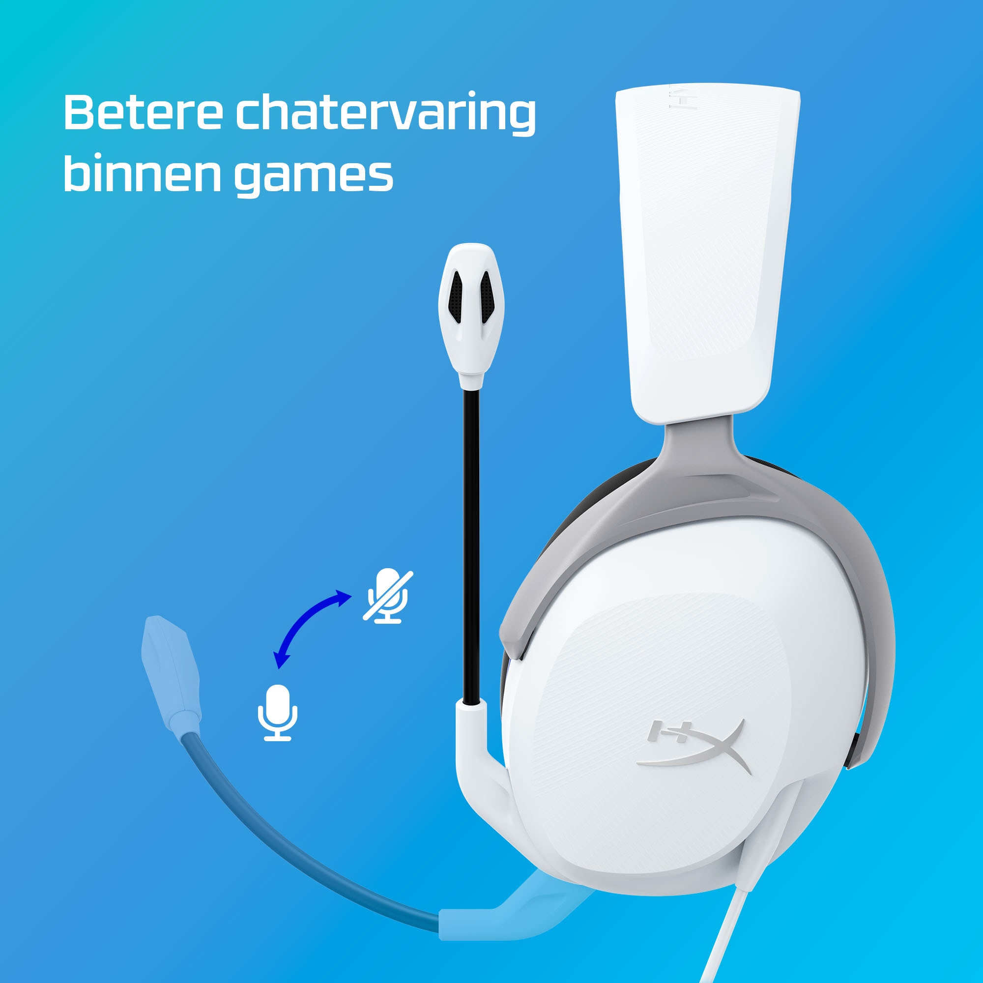 Biało-szary zestaw słuchawkowy dla graczy z mikrofonem. Tekst na obrazie brzmi: 'Lepsze wrażenia z czatu w grach'.