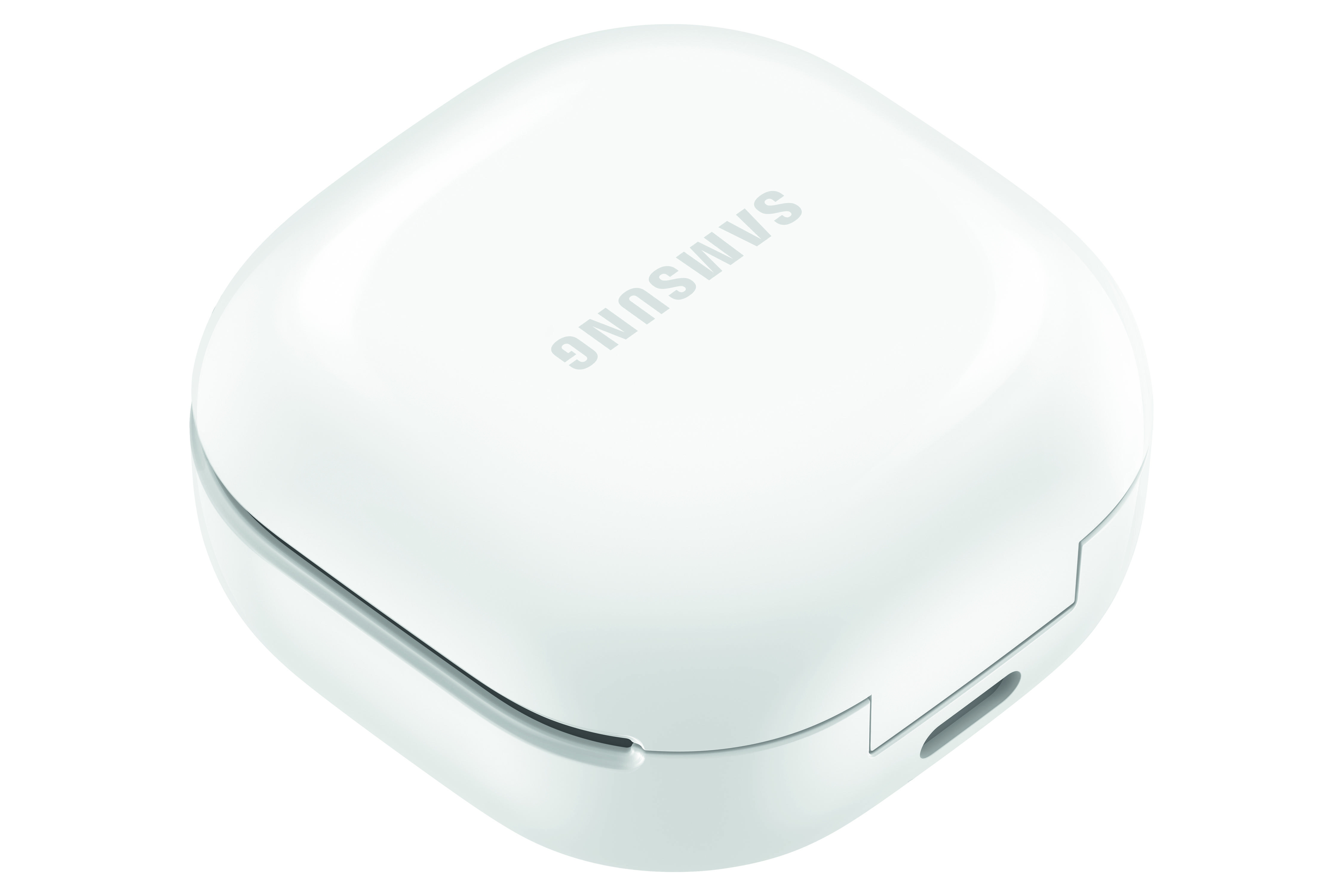 Białe, zaokrąglone etui Samsung Galaxy Buds. Widoczne logo Samsung.