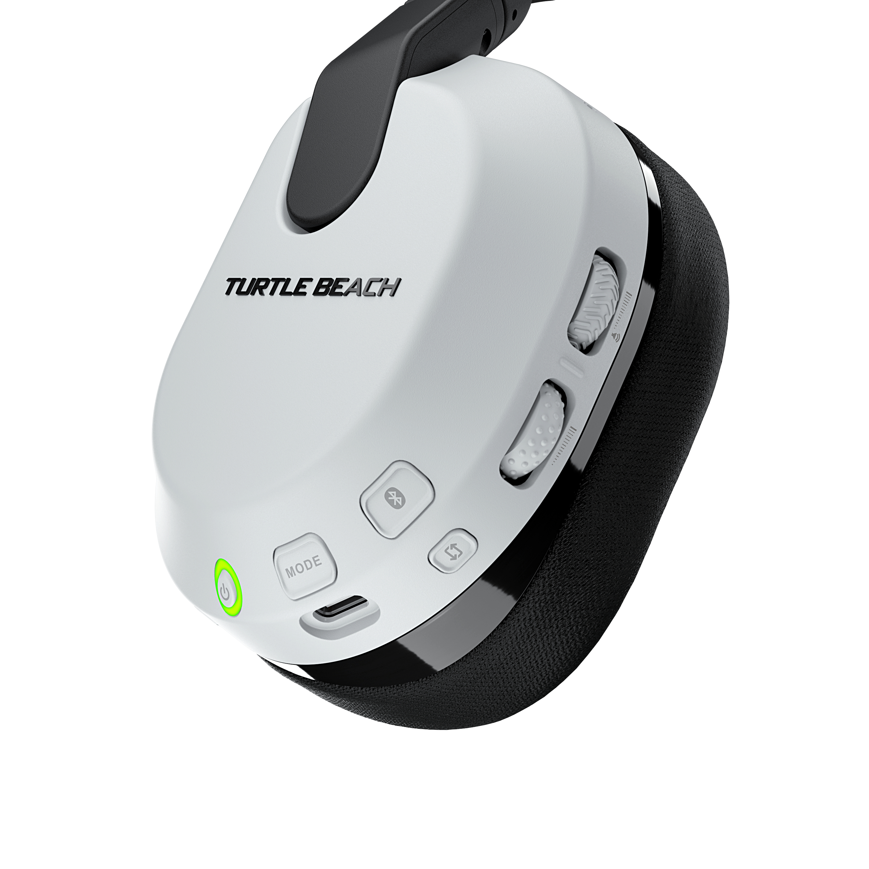 Biały zestaw słuchawkowy Turtle Beach z przyciskami trybu, Bluetooth i wyciszenia oraz zielonym wskaźnikiem zasilania.