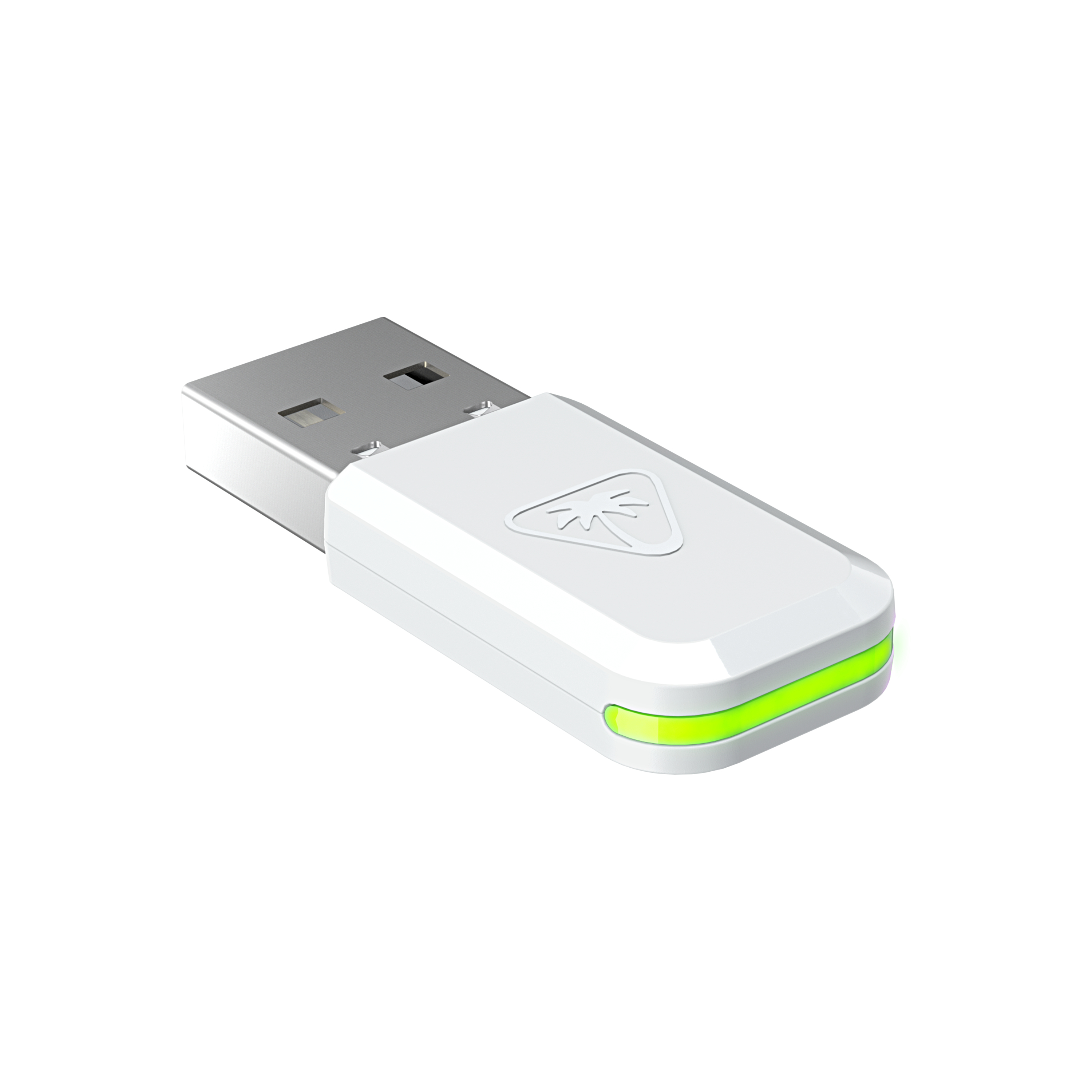 Biały adapter USB-A z zielonym światłem. Posiada srebrne złącze USB.