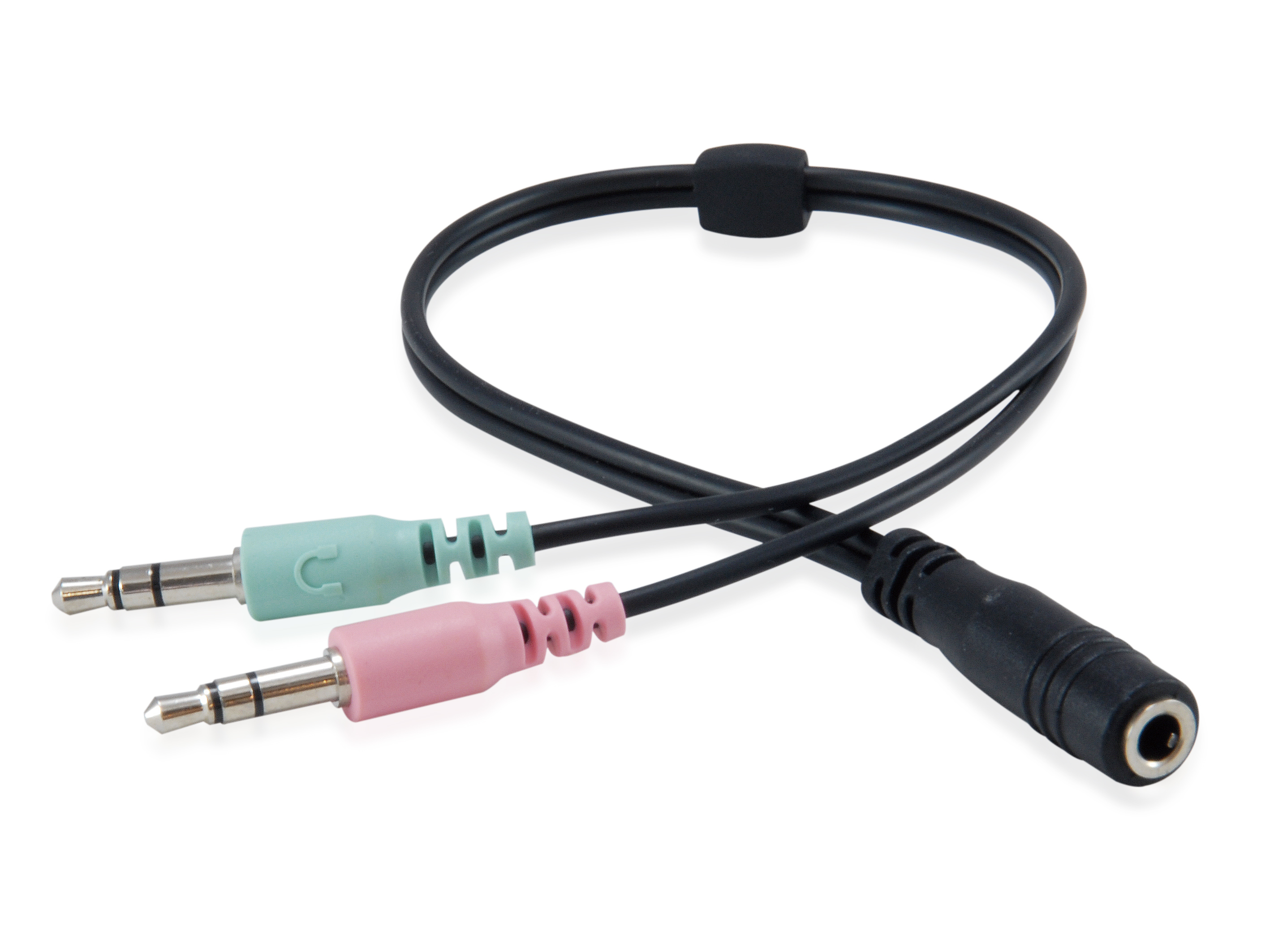 Kabel audio z dwoma gniazdami 3,5 mm i jednym żeńskim portem 3,5 mm, wszystko w kolorze czarnym i różnych kolorach.