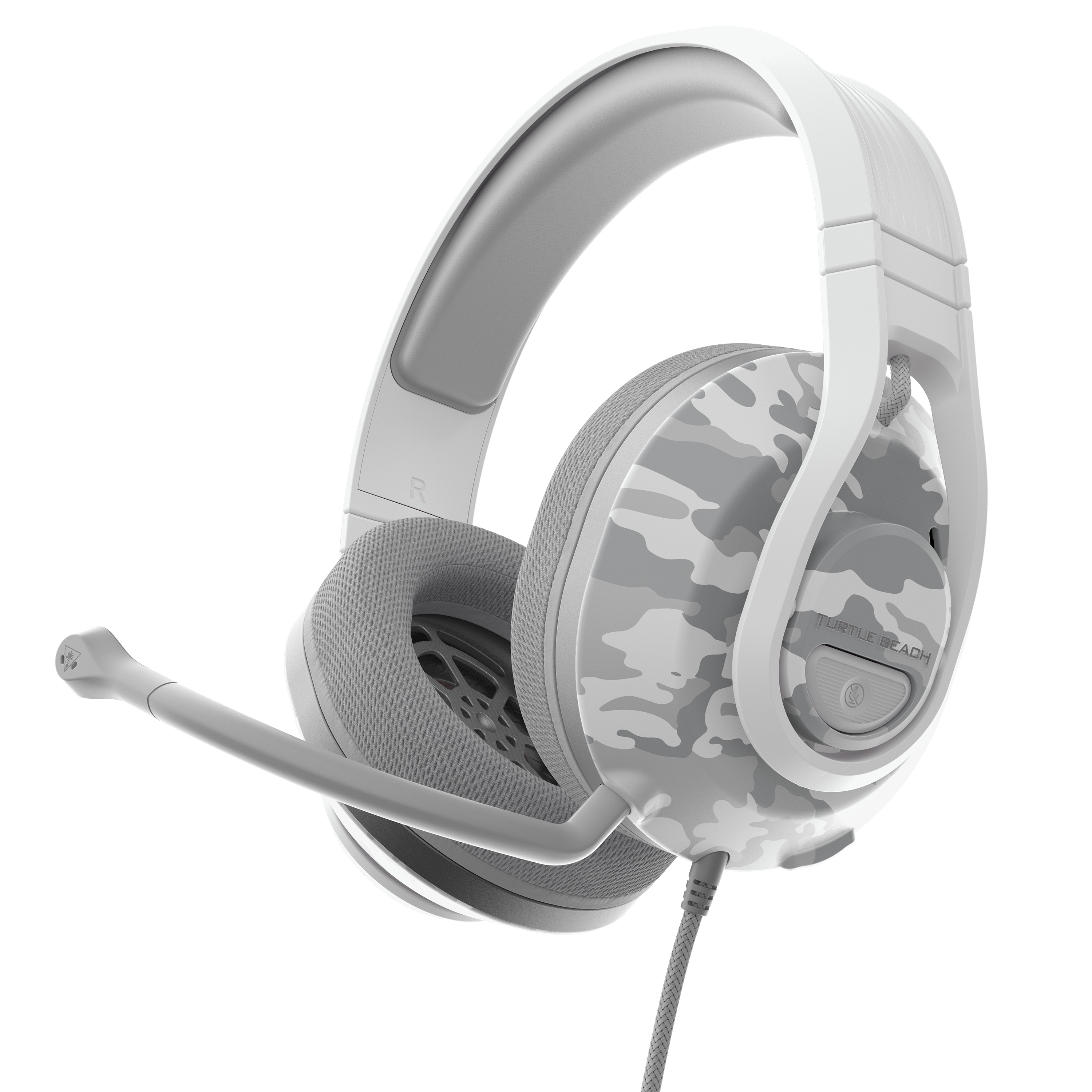 Cuffie da gioco bianche con padiglioni mimetici e microfono, isolate su bianco.