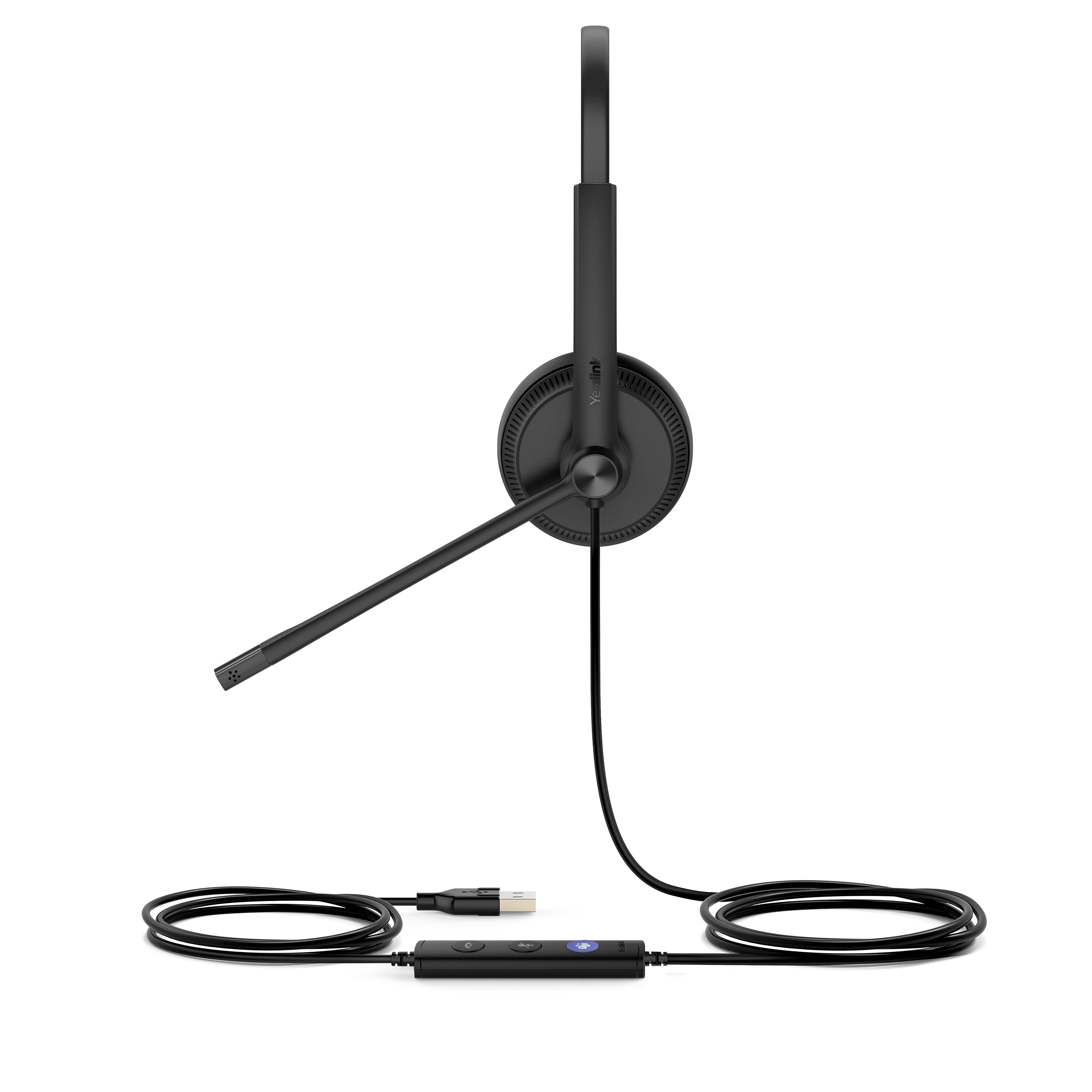 Auriculares negros con micrófono y control USB. Cable USB y panel de control.
