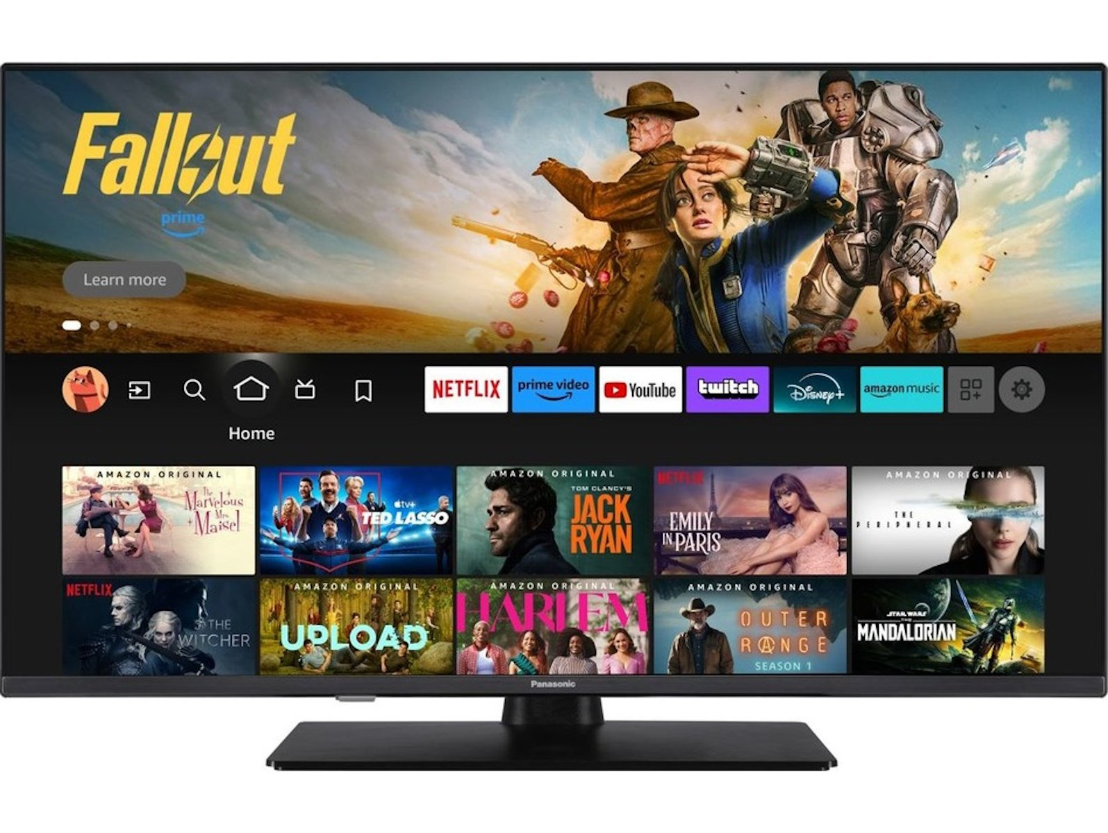 Un televisor de pantalla plana que muestra el vídeo 'Fallout' de Prime con iconos de servicios de streaming.