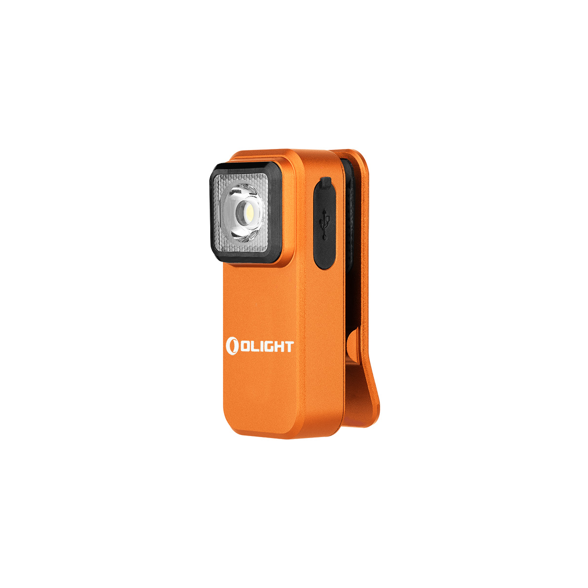 Linterna naranja con clip negro y puerto USB. La linterna es rectangular.