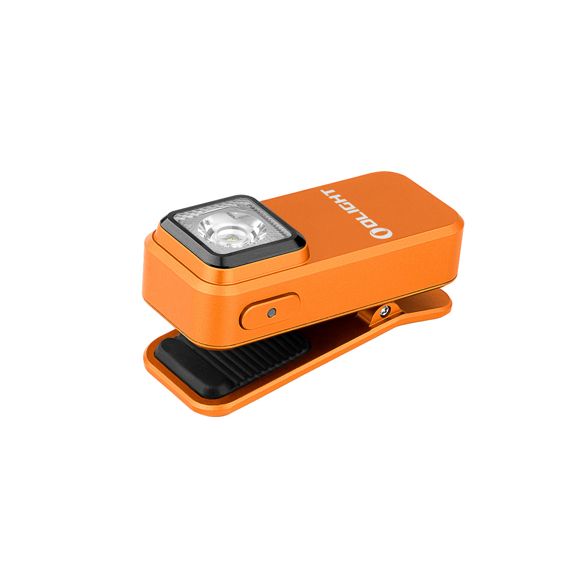 Linterna clip-on Olight naranja con clip negro, sobre fondo blanco.