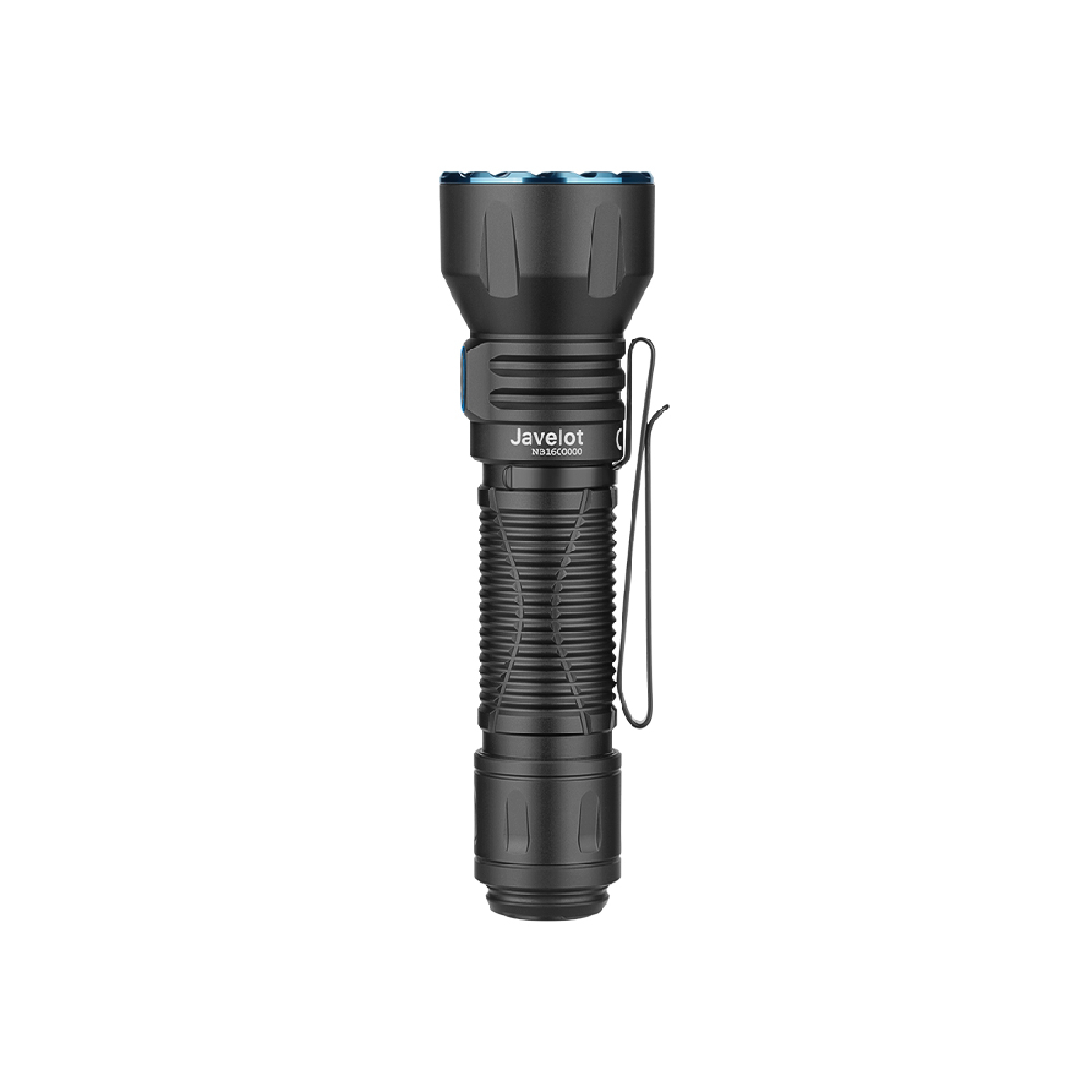 Linterna negra con un clip plateado en el lateral. Tiene una luz azul en la parte superior.