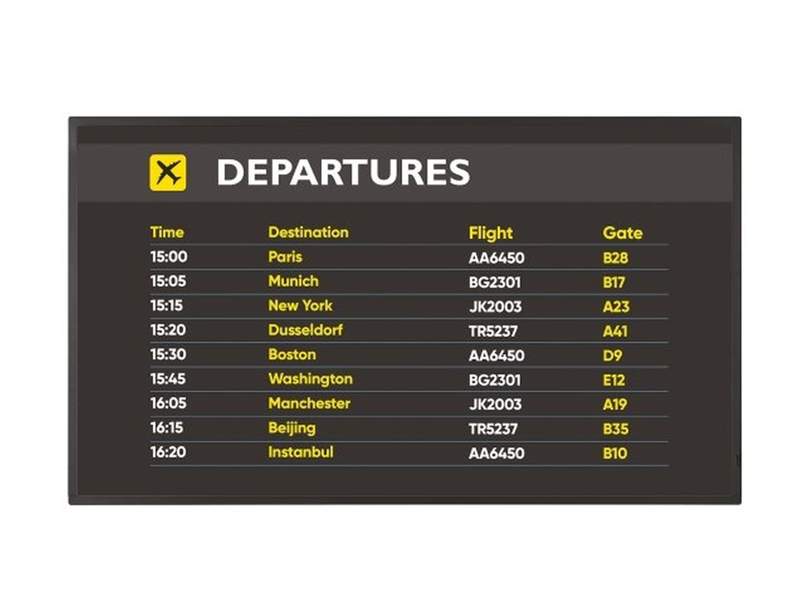 Un tabellone partenze aeroportuale che mostra i dettagli dei voli per varie destinazioni. Sfondo nero.