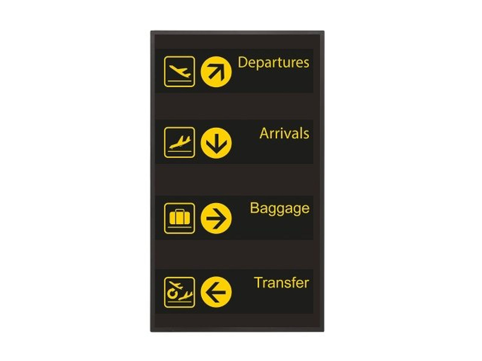 Segnale aeroportuale con frecce che indicano Partenze, Arrivi, Bagagli e Trasferimento.