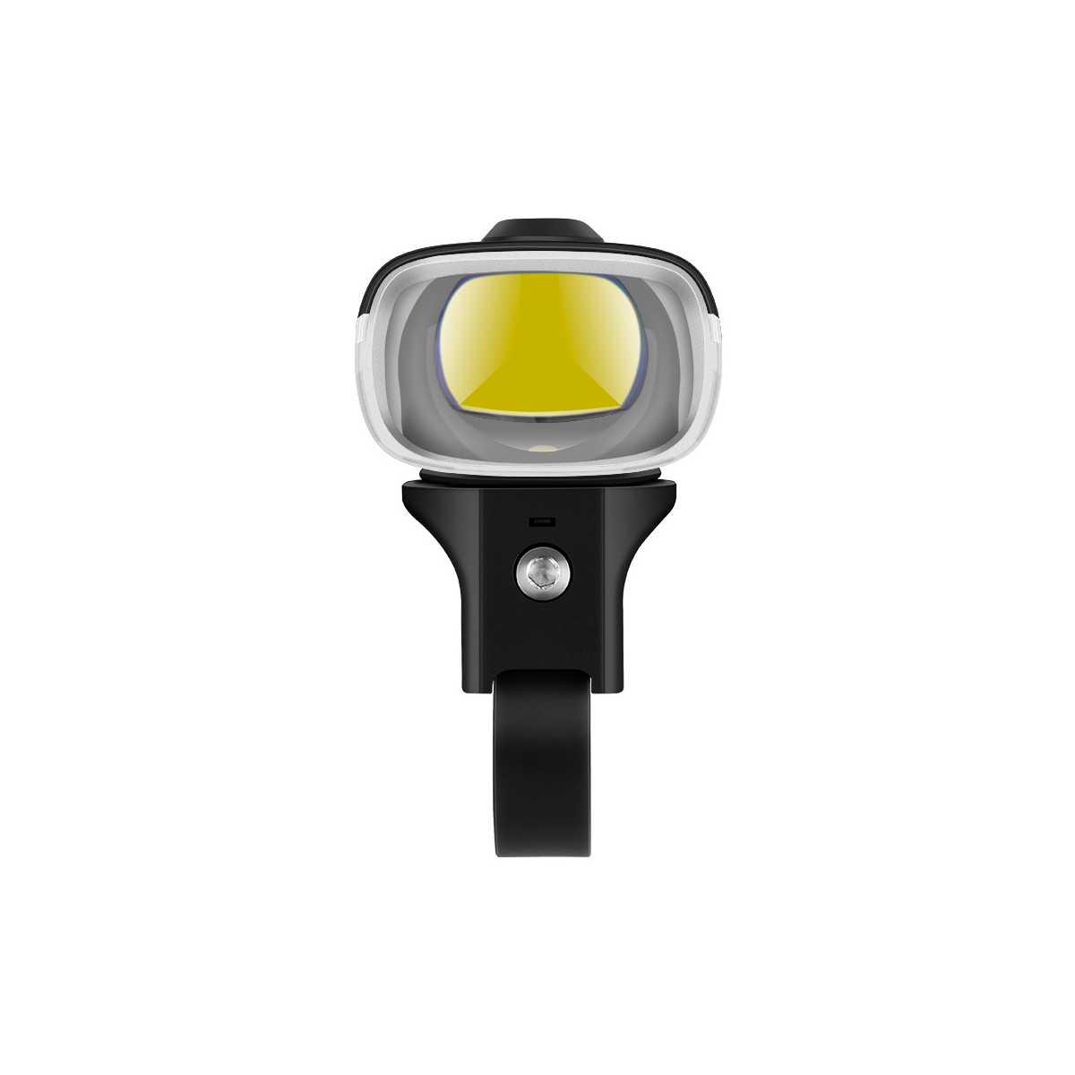 Luz de bicicleta negra con lente blanca, aislada sobre blanco.