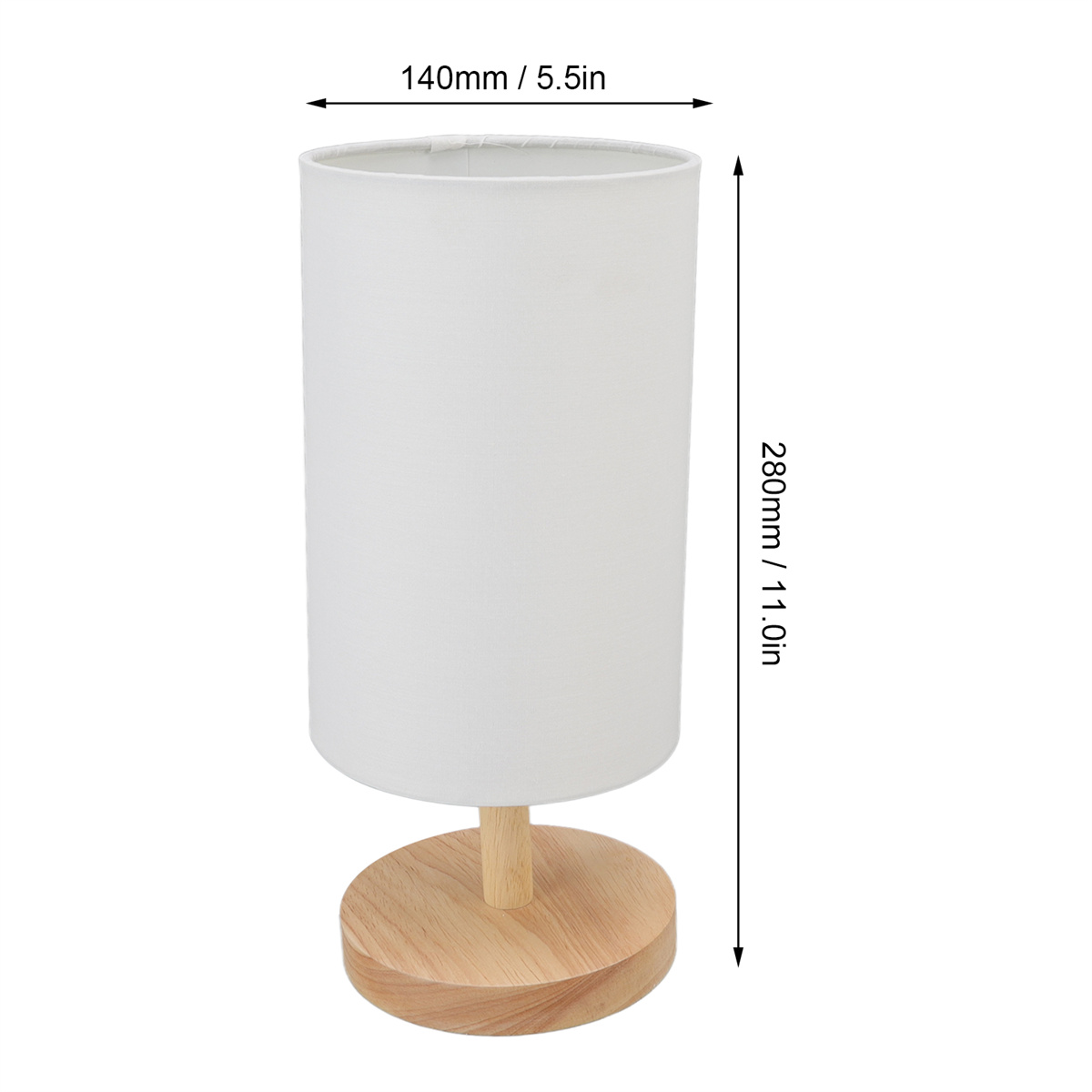 Eine weiße Tischlampe mit zylindrischem Lampenschirm auf Holzsockel. Abmessungen sind angegeben.