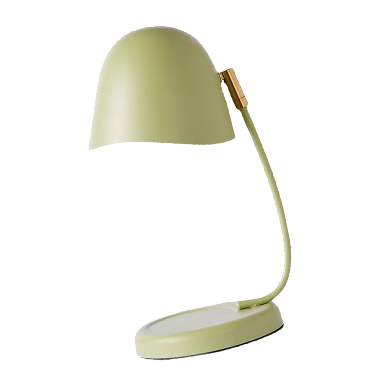 Eine grüne Schreibtischlampe mit gebogenem Arm und rundem Schirm, auf weißem Hintergrund.