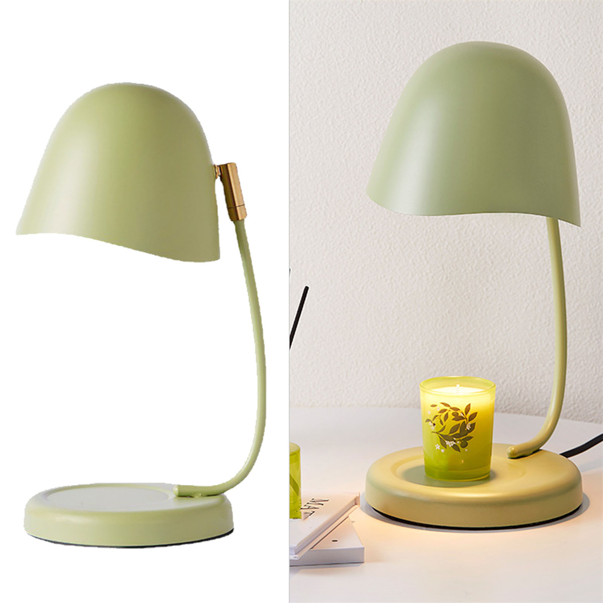 Zwei Bilder einer grünen Lampe und einer Kerze. Die Lampe hat einen grünen Schirm und einen gebogenen Stiel.