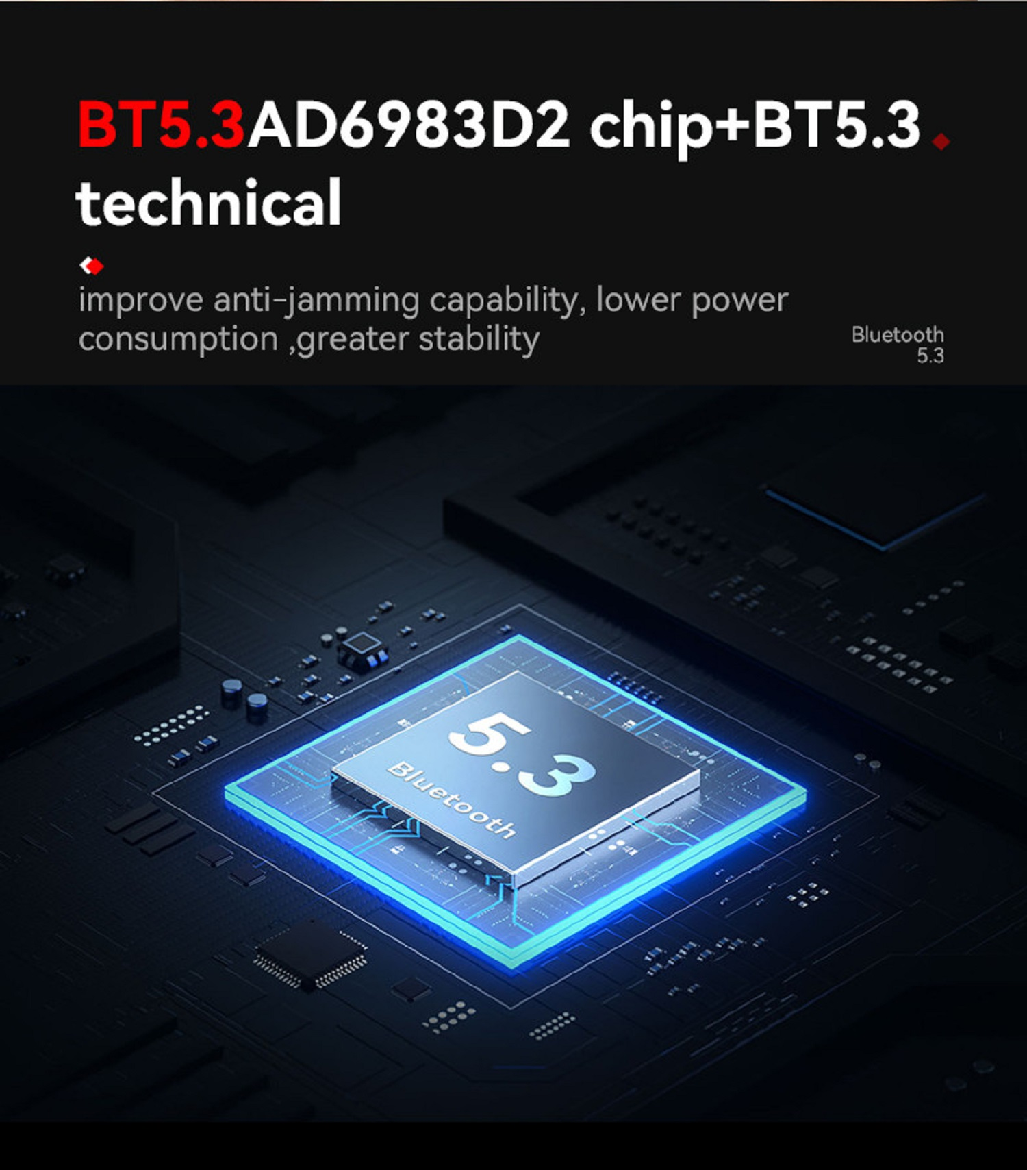 Elektronische Leiterplatte mit Bluetooth-Logo. Text hebt technische Merkmale des Chips hervor.