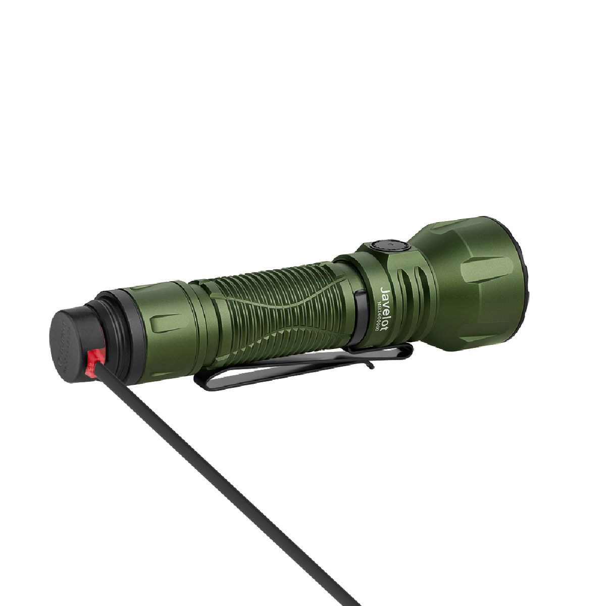 Linterna verde con un cable de carga negro enchufado. La marca es Javelot.