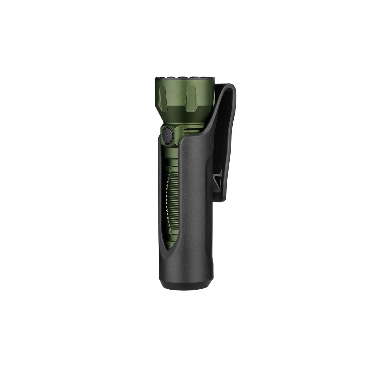 Linterna verde en una funda negra. La linterna es cilíndrica y la funda tiene un clip para cinturón.