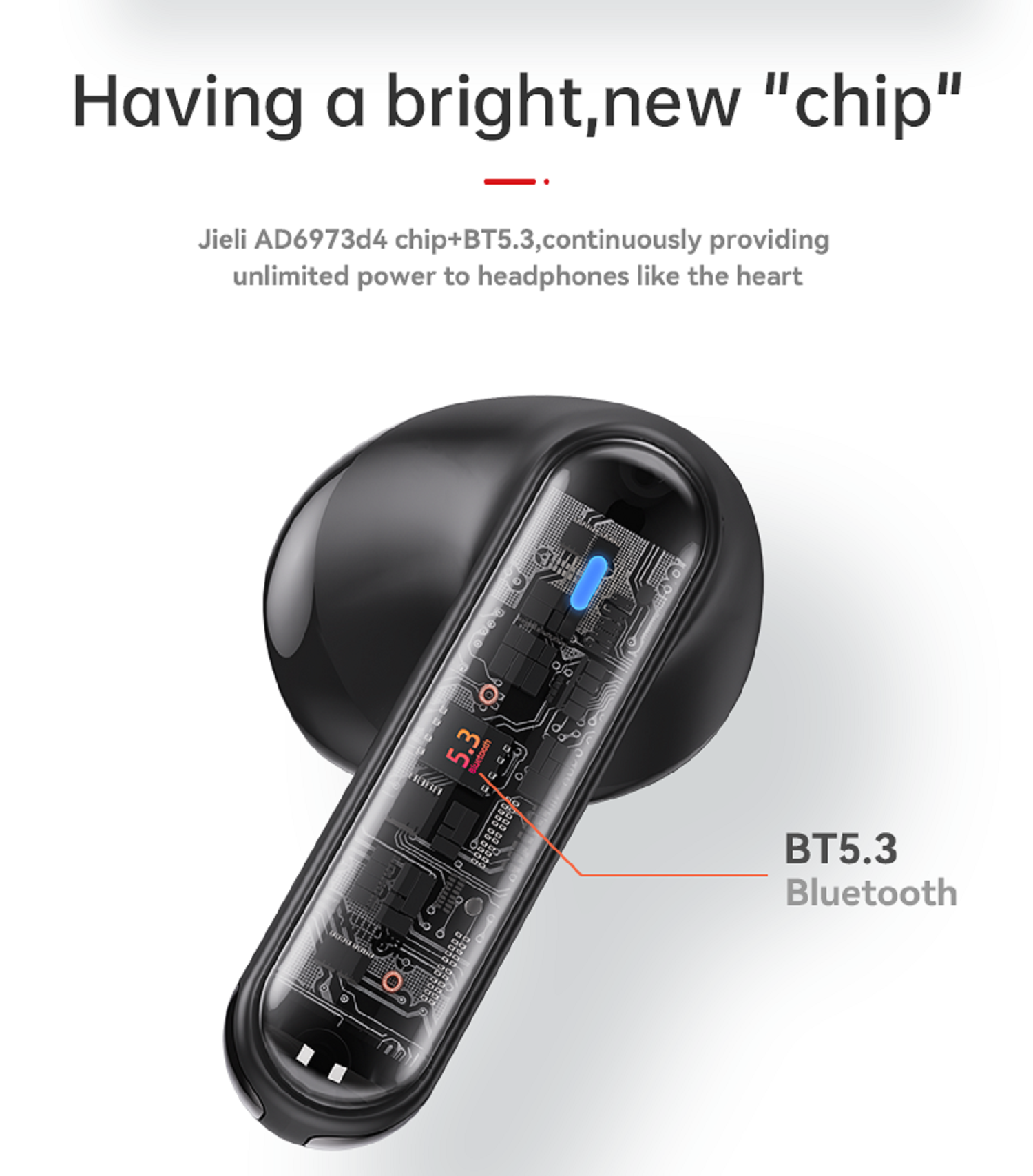Schwarzer kabelloser Ohrhörer mit transparentem Bereich, der die internen Komponenten zeigt. Text zeigt BT5.3 Bluetooth.