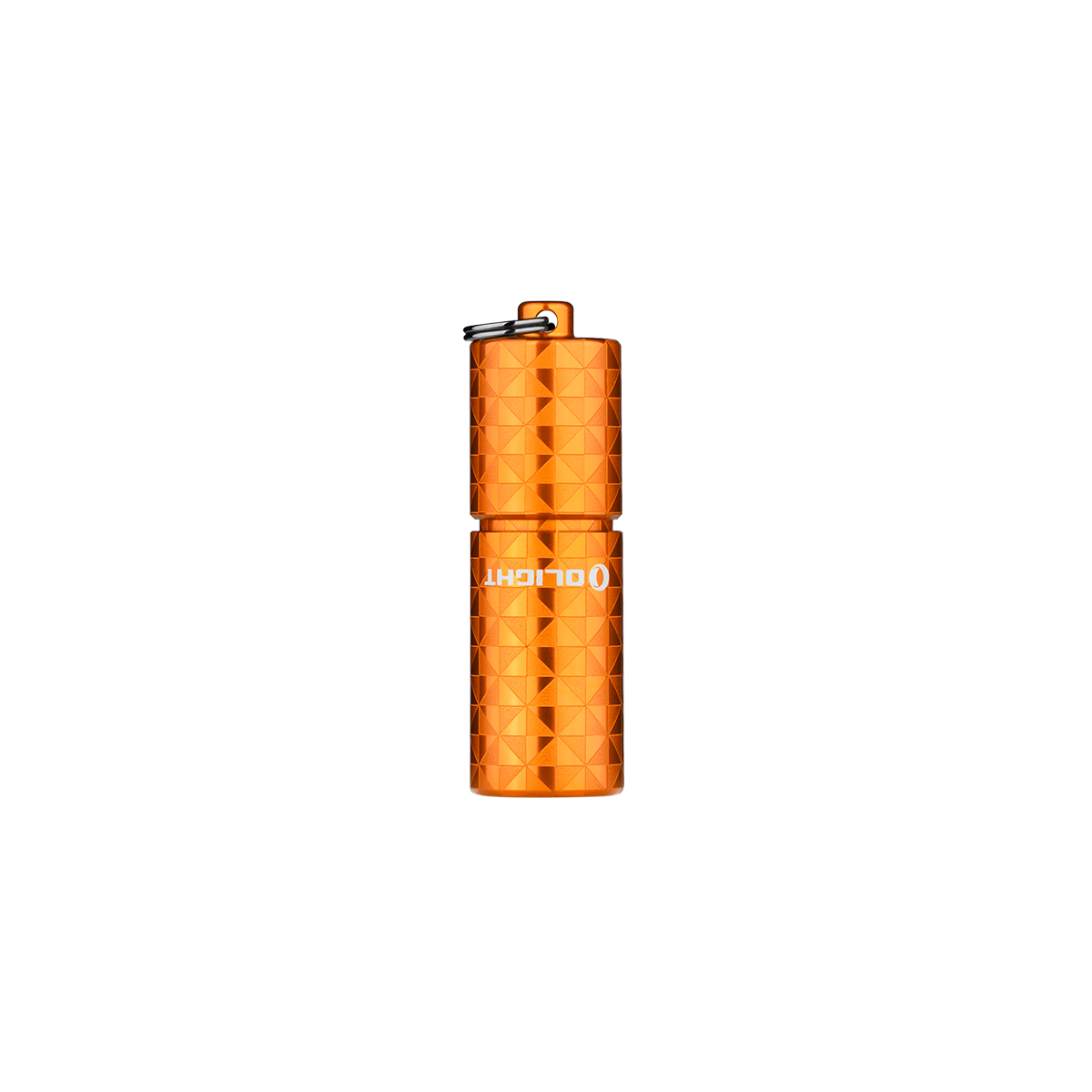 Linterna naranja con cuerpo texturizado y llavero, sobre fondo blanco.