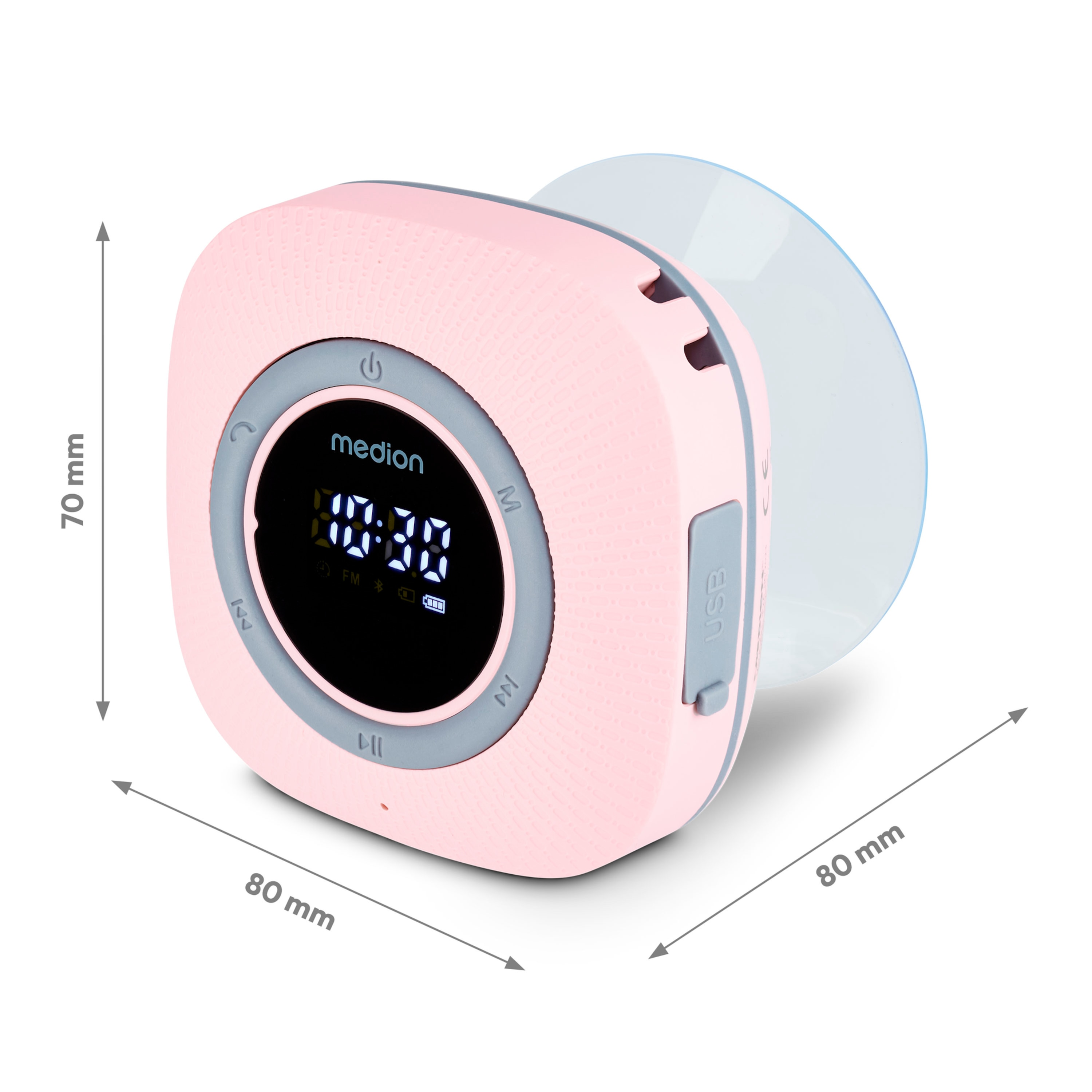 Pink portable CD player. It has a digital display and dimensions are shown.