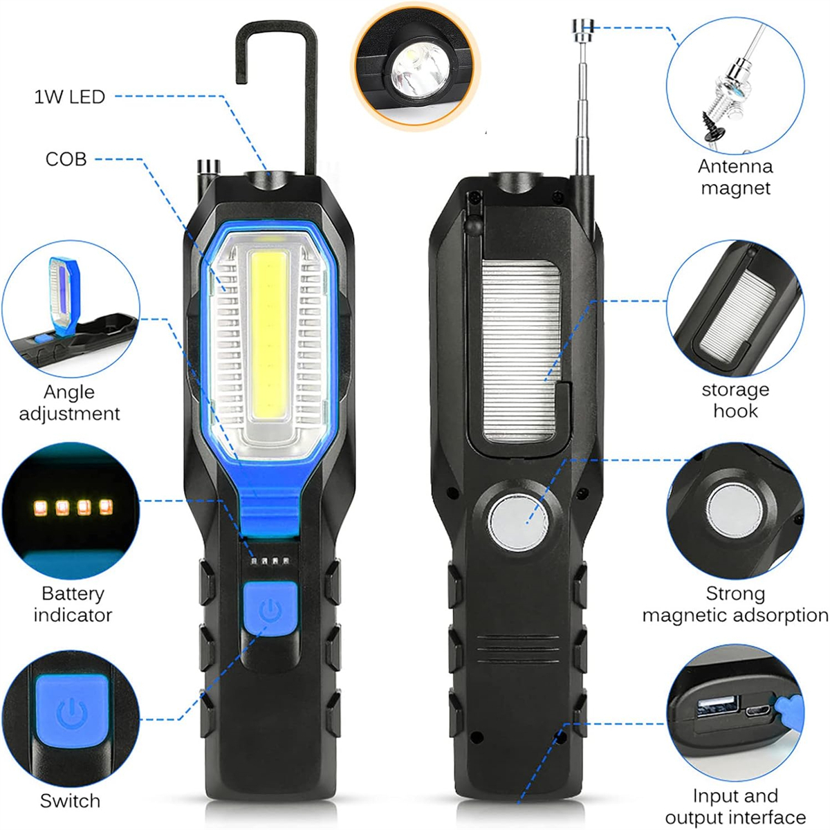 Eine schwarz-blaue LED-Arbeitsleuchte mit mehreren beschrifteten Merkmalen.