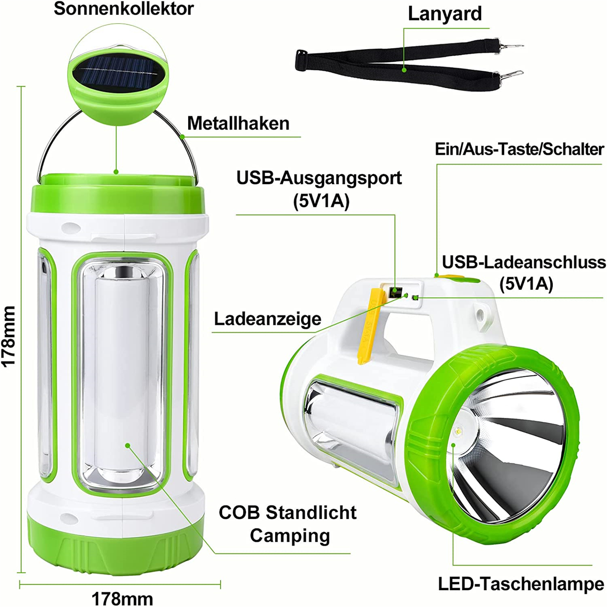 Weiße und grüne Laterne mit Etiketten. Ein Solarpanel, ein USB-Anschluss und eine Taschenlampe.