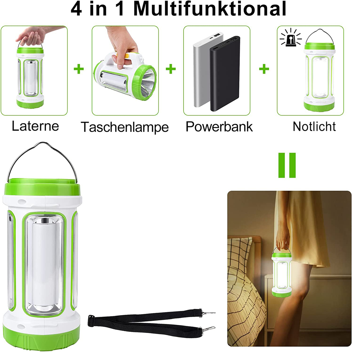 Eine weiß-grüne Laterne mit mehreren Funktionen. Enthält Powerbank und Notlicht.