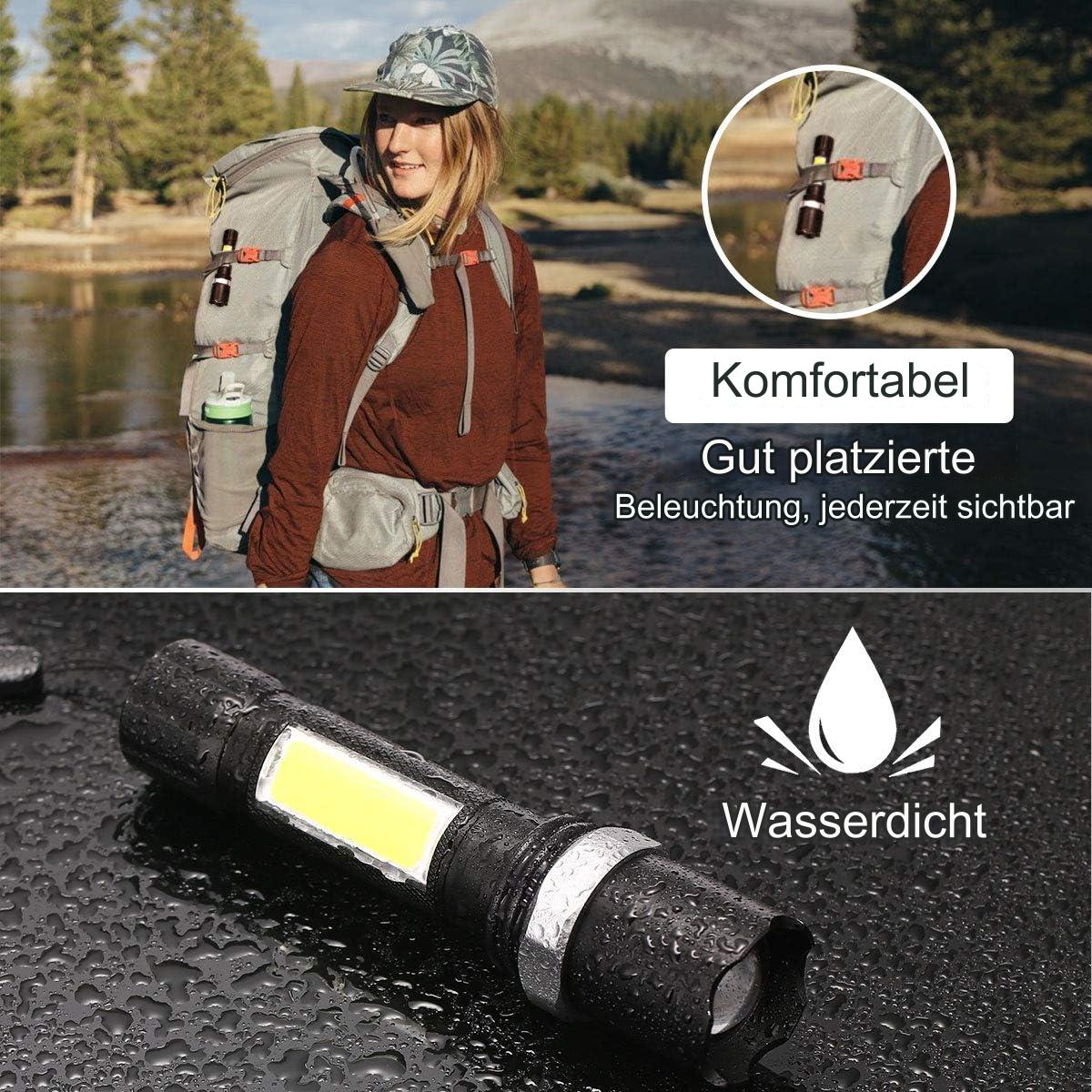 Eine Frau mit Rucksack und einer Taschenlampe, mit Text über Wasserdichtigkeit.