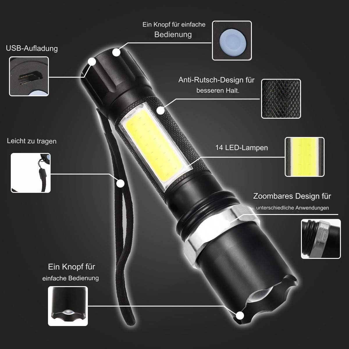 Eine schwarze Taschenlampe mit deutschen Textanmerkungen und Handschlaufe. USB-Ladeanschluss.