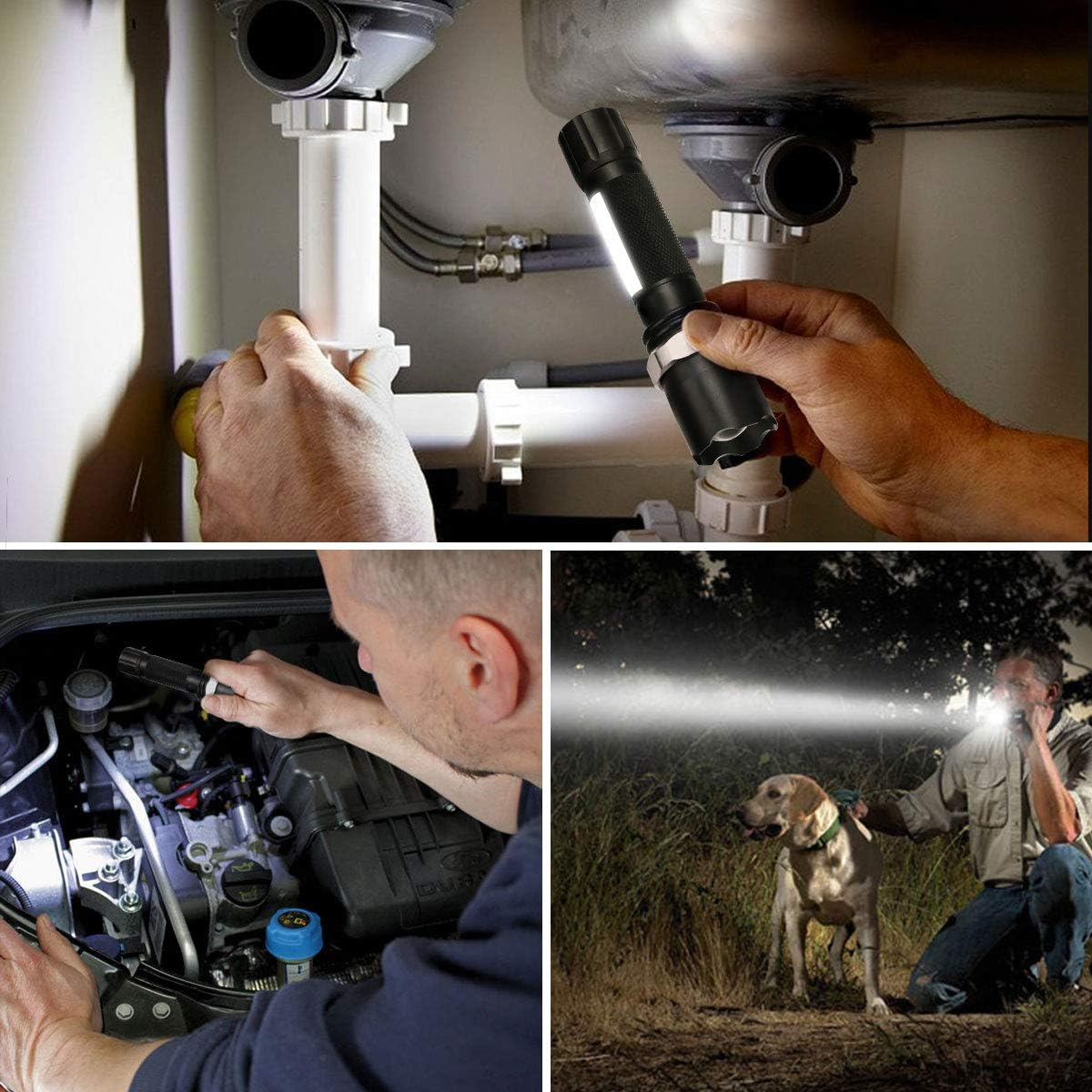 Drei Bilder, die die Verwendung einer Taschenlampe zeigen. Im Auto, im Waschbecken, in der Natur.