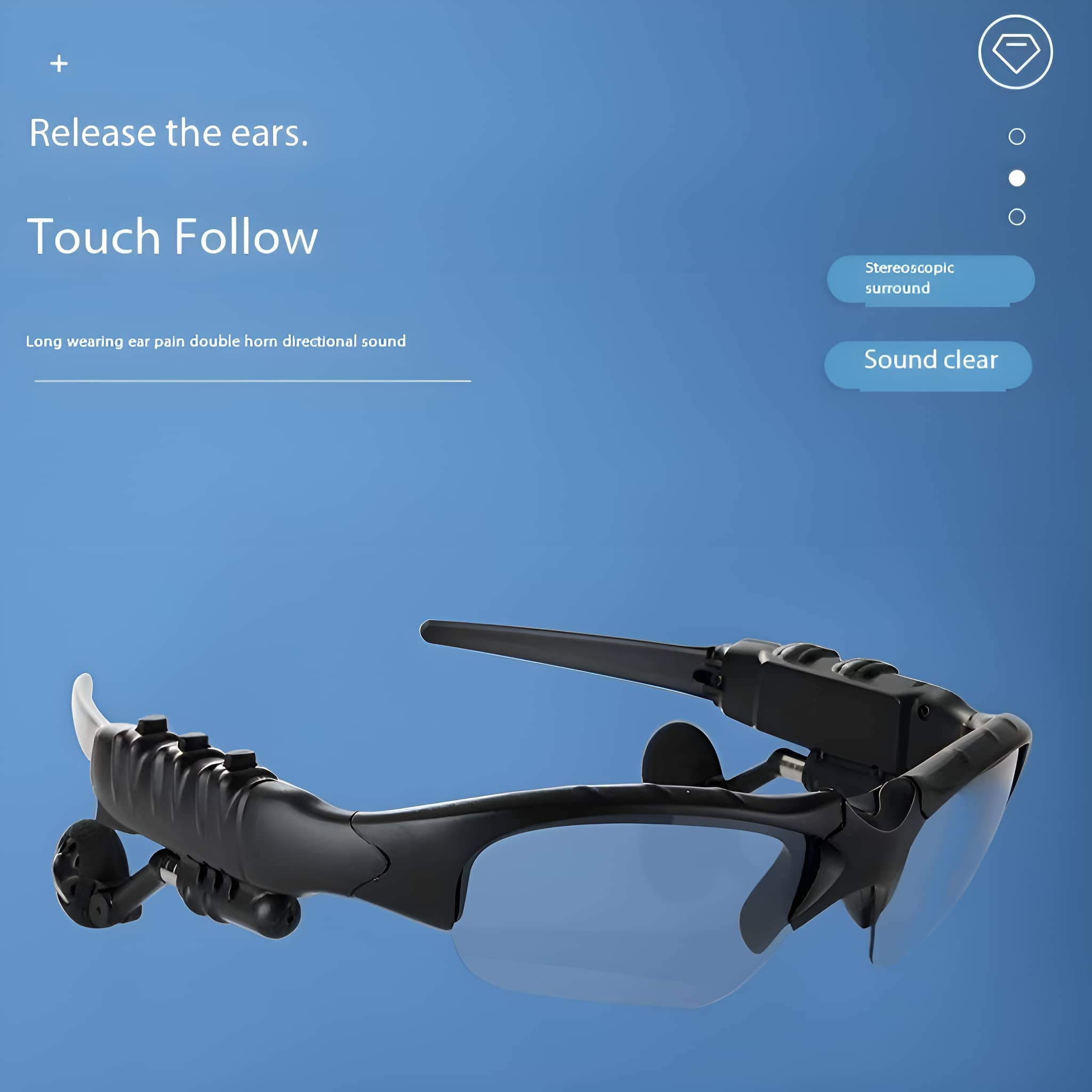 Schwarze Smart Glasses mit Text über Sound und Funktionen. Blauer Hintergrund.