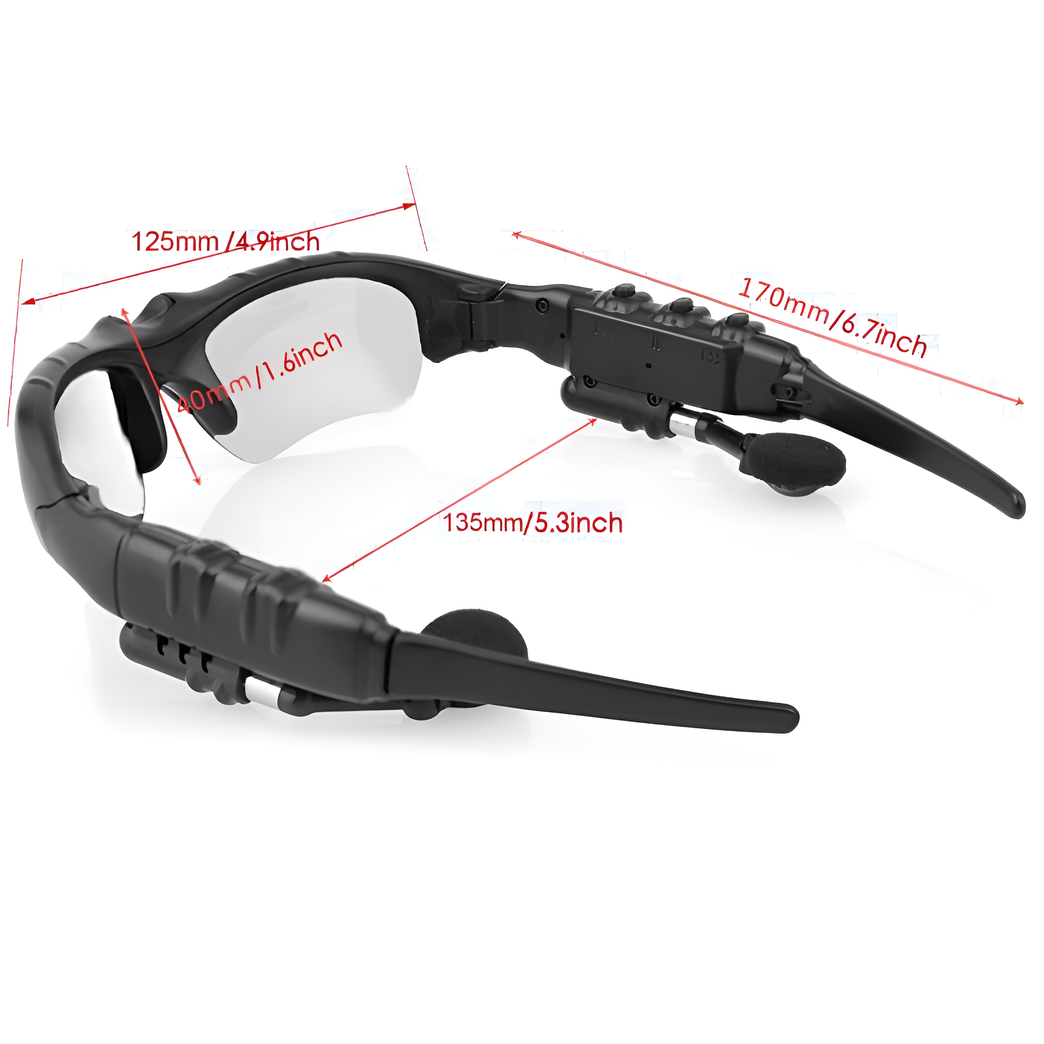 Schwarze Smart-Brille mit Maßangaben. Die Brille hat ein Mikrofon und befindet sich vor weißem Hintergrund.
