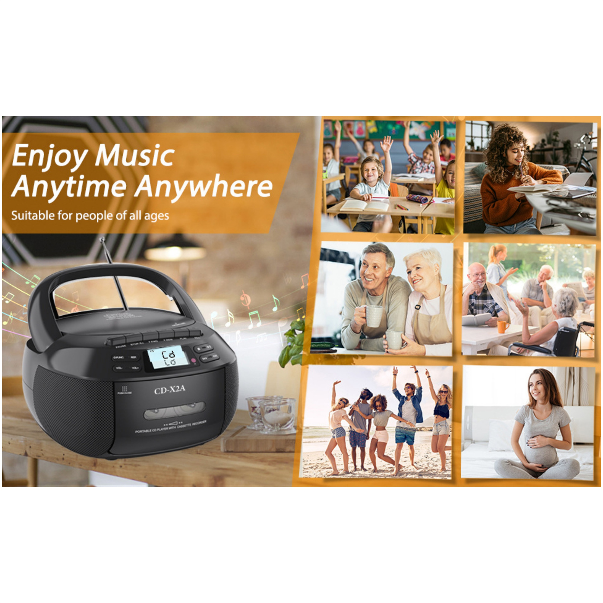 Ein schwarzes CD-Player-Radio mit mehreren Fotos von Menschen, die Musik hören. Es ist auf weißem Hintergrund.