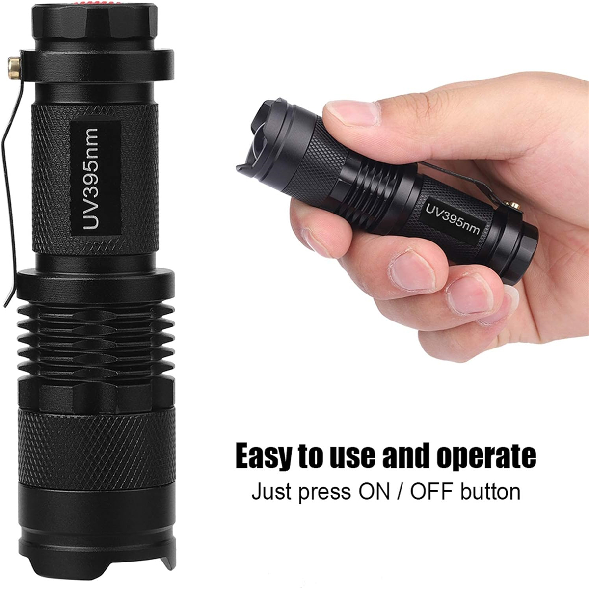 Eine schwarze Taschenlampe mit schwarzem Etikett wird in der Hand gehalten.