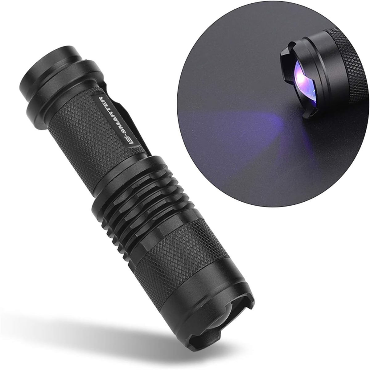 Schwarze Taschenlampe mit strukturierter Griff und Nahaufnahme des Lichts.