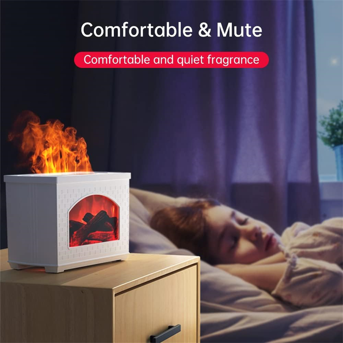 Ein weißer, kaminförmiger Luftbefeuchter mit einer schlafenden Person im Hintergrund. Der Text lautet 'Comfortable & Mute'.