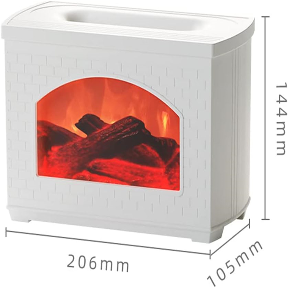 Ein weißer elektrischer Kamin mit Flammeneffekt und Ziegeldesign.