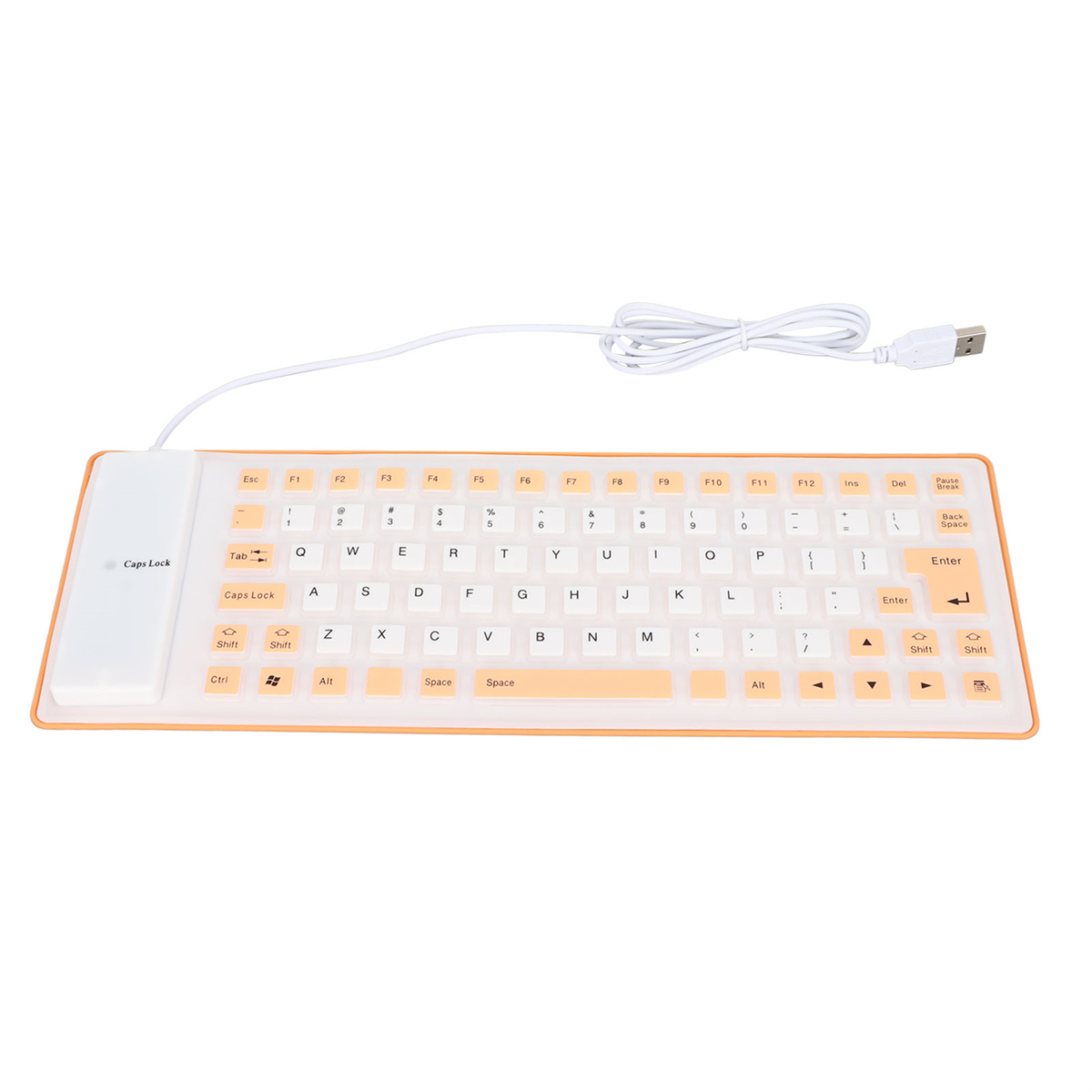 Weiße Tastatur mit orangenen Akzenten, verbunden mit einem weißen Kabel. Tasten sind transparent.