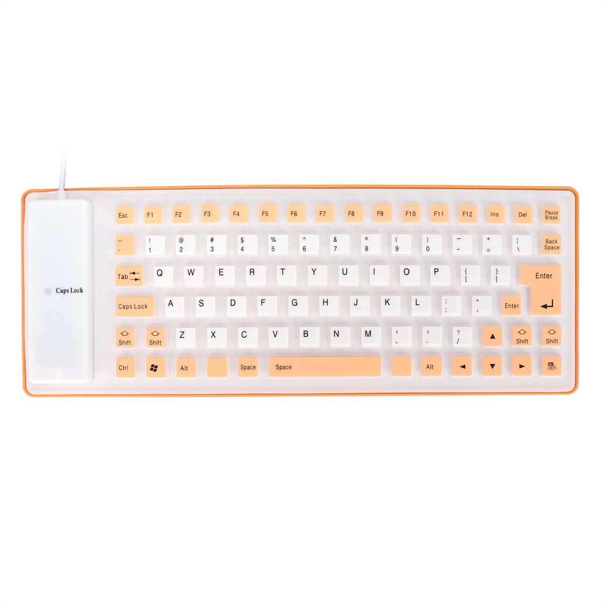 Weiße Tastatur mit orangefarbenen Akzenten. Hat Tasten und ein weißes Kabel. Auf weißem Hintergrund.