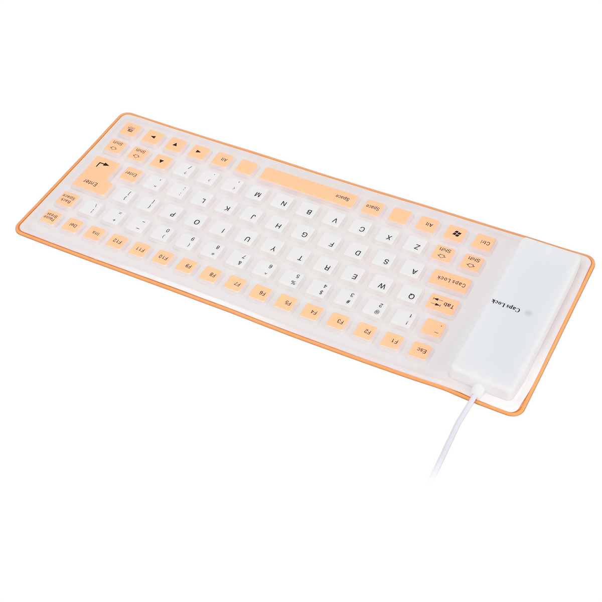 Orangefarbene und weiße flexible Tastatur mit USB-Kabel.
