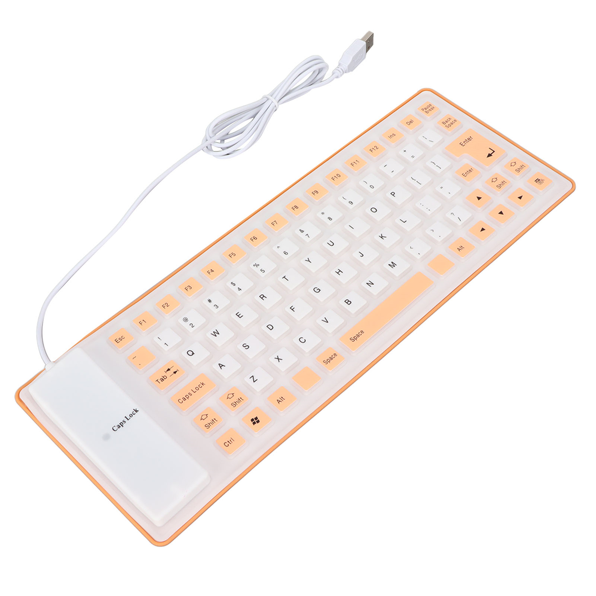 Flexibler orangefarbener und weißer Tastatur mit Tasten und einem USB-Kabel.